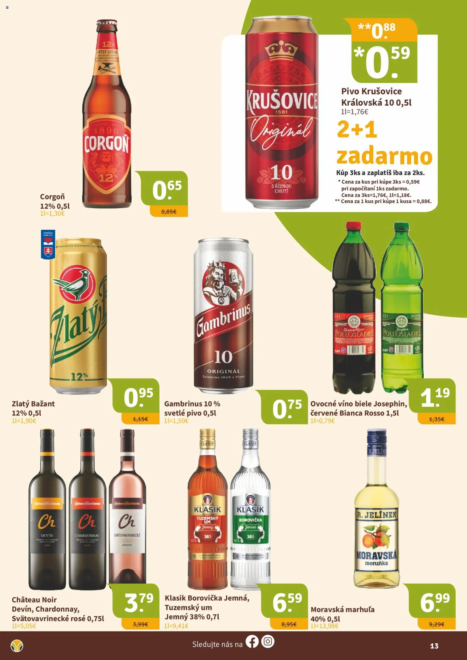 Nové Nitrazdroj akcie – leták je platný od 23.01.2026 | Strana: 13 | Produkty: Víno, Borovička, Krušovice, Gambrinus