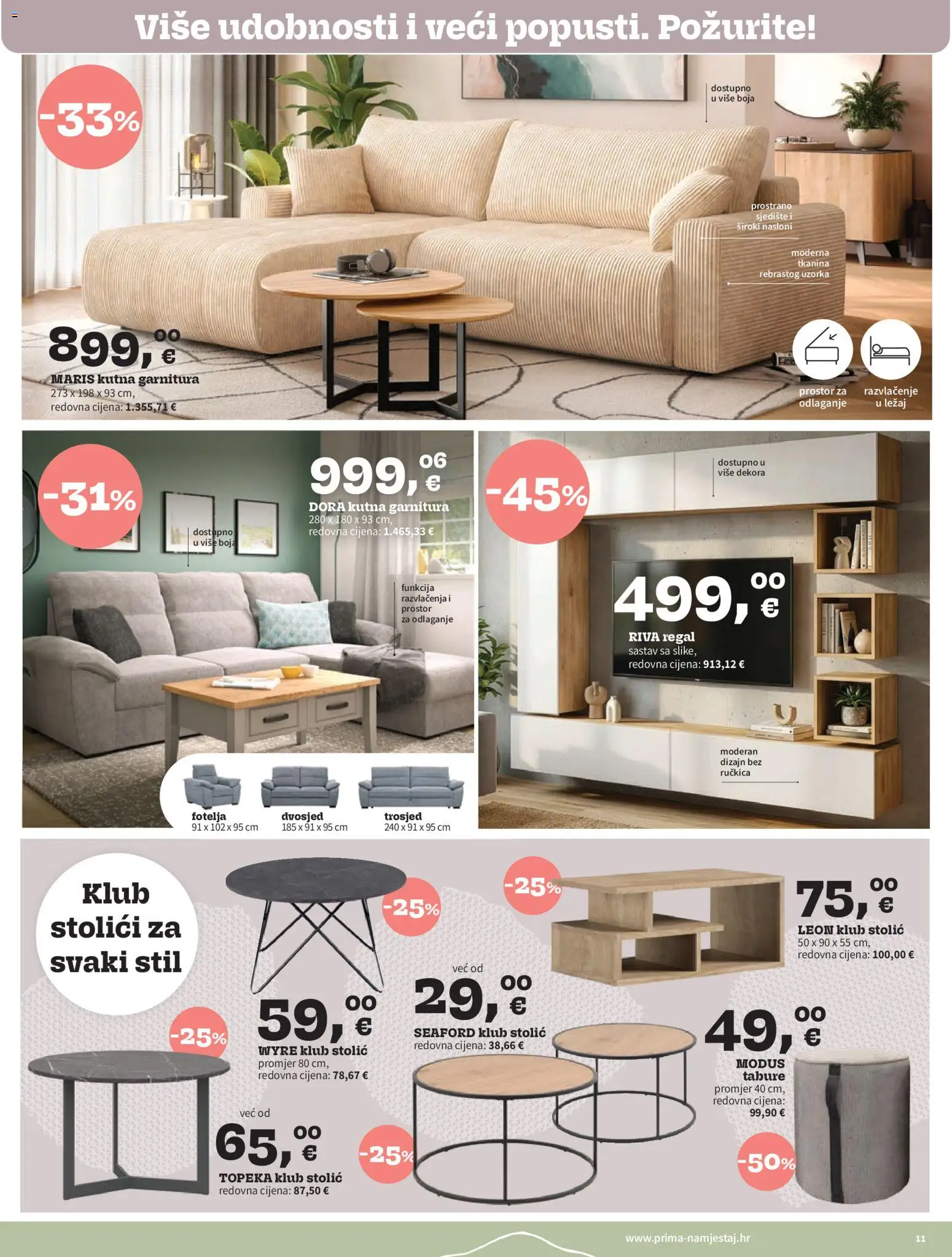 Prima katalog | vrijedi od 01.03.2026 | Stranica: 11 | Proizvodi: Regal, Tabure, Kutna garnitura, Dvosjed