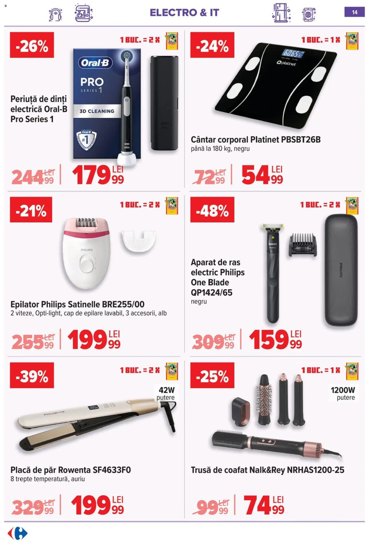 Noul catalog Carrefour – valabil de la 15.04.2026 | Pagină: 16 | Produse: Aparat De Ras, Epilator, Periuță De Dinți Electrică, Cântar
