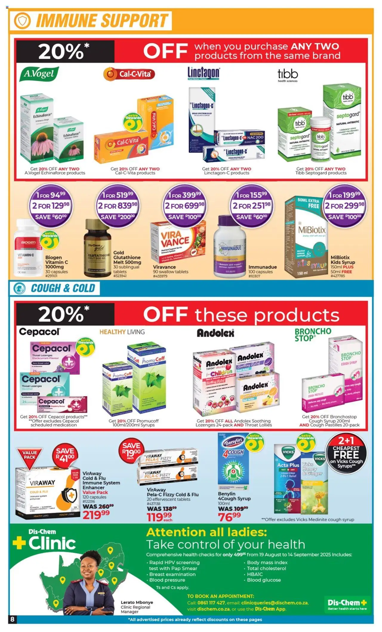 Dis-Chem Specials │ valid from 19.08.2025 | Page: 8 | Products: Couch, Cough syrup, Lozenges, Syrup