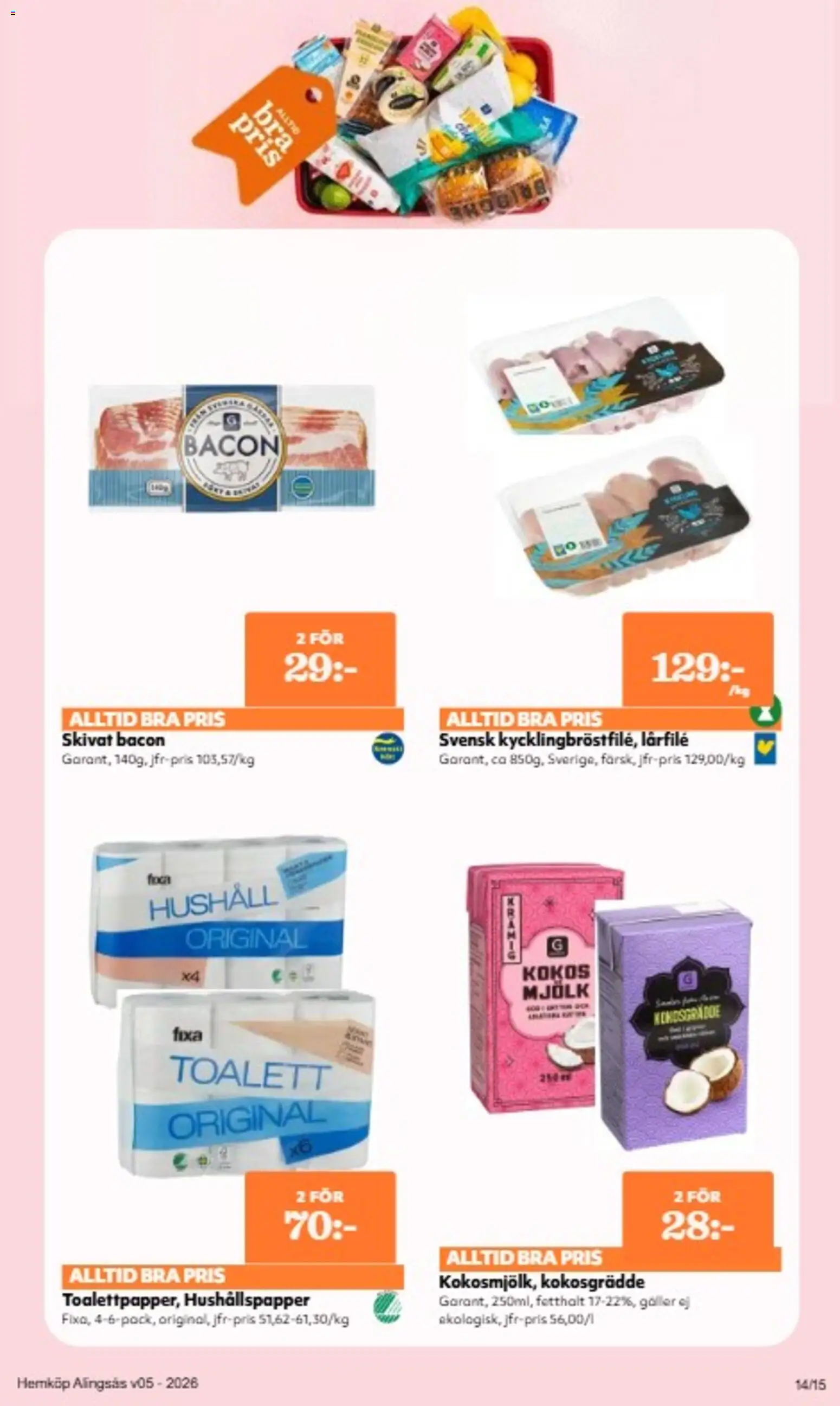 Hemköp reklamblad aktuell från 26.01.2026 | Sida: 14 | Produkter: Bacon, Hushållspapper, Galler, Toalett