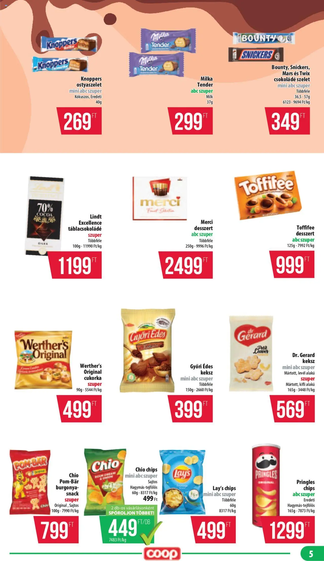 COOP akciós ujság - amely érvényes a következő dátumtól: 18.09.2025 | Oldal: 5 | Termékek: Pringles, Ostyaszelet, Snickers, Toffifee