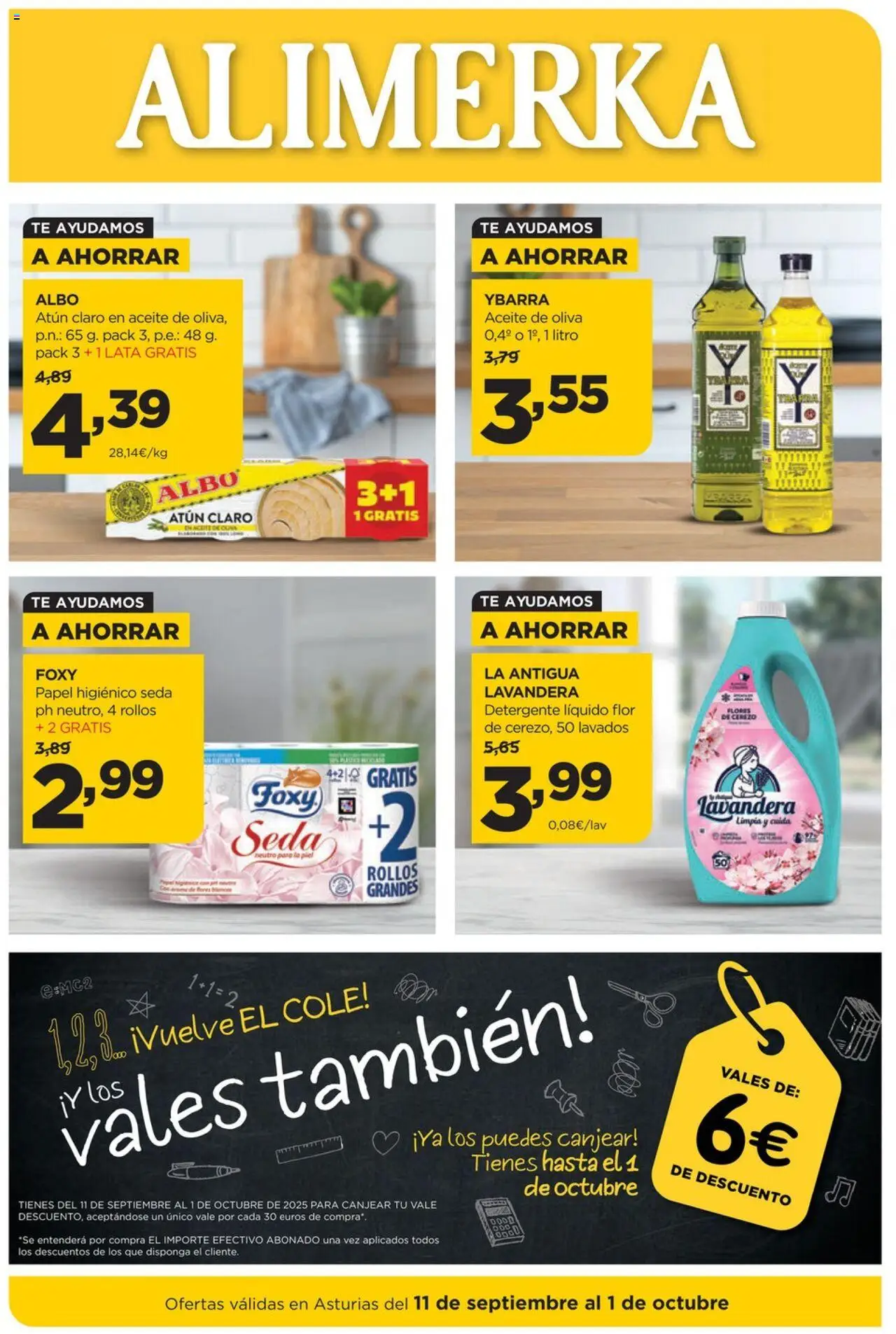 Alimerka folleto Asturias │ válido desde el 11.09.2025 | Página: 1 | Productos: Papel higienico, Té, Aceite de oliva, Detergente líquido