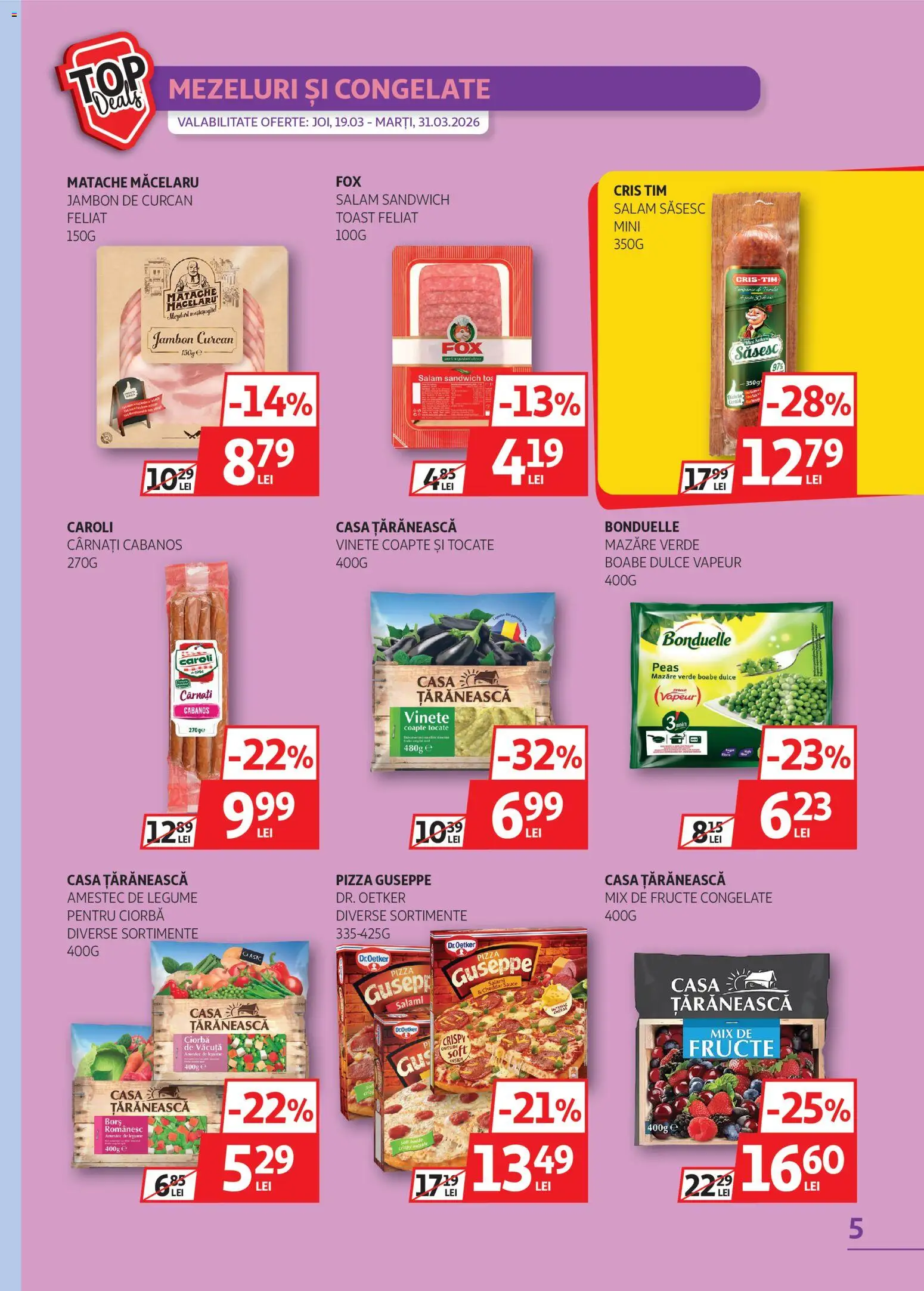 Noul catalog Auchan – valabil de la 19.03.2026 | Pagină: 5 | Produse: Mazăre, Pizza, Legume, Cârnați