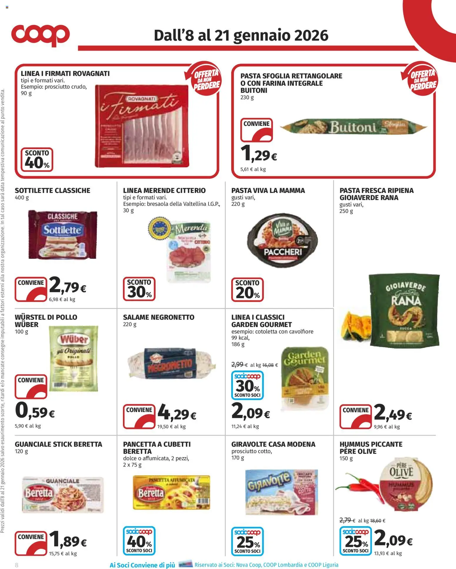 Volantino COOP del 08.01.2026 | Pagina: 8 | Prodotti: Pollo, Wurstel, Paccheri, Guanciale