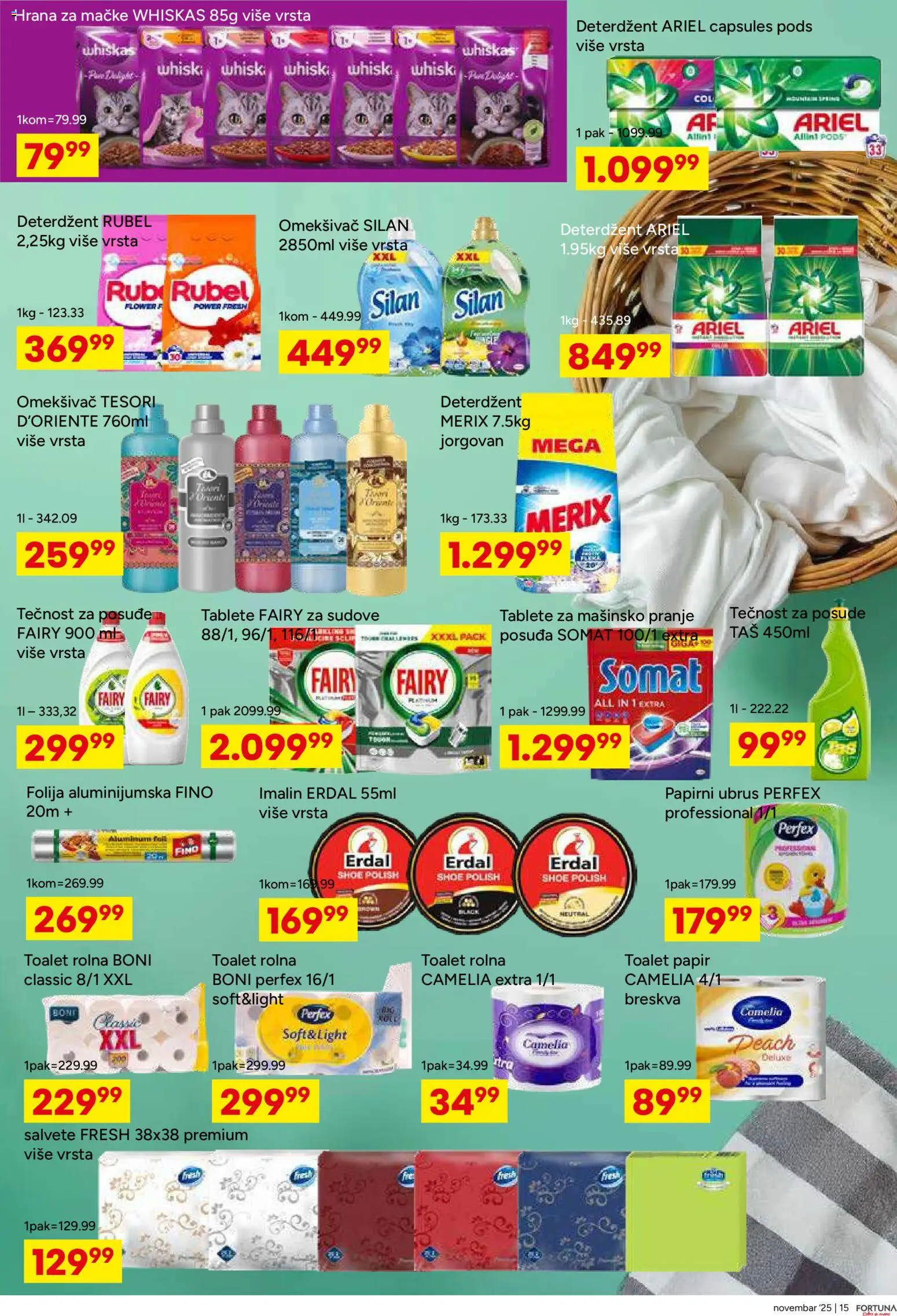 Fortuna Market katalog - važi od 12.11.2025 | Strana: 15 | Proizvode: Ariel, Toalet papir, Salvete, Breskva