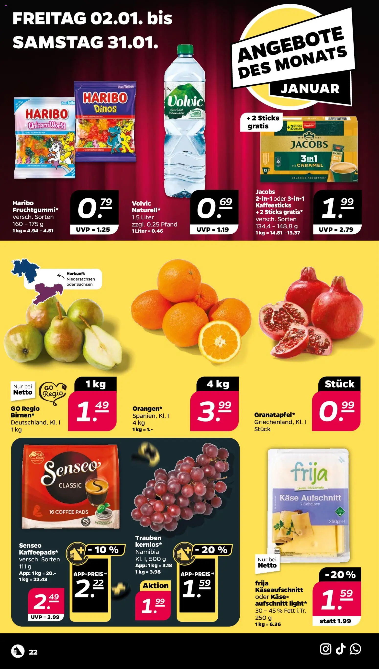 Netto Prospekt 	 – gültig ab 29.12.2025 | Seite: 22 | Produkte: Haribo, Käse, Trauben, Volvic