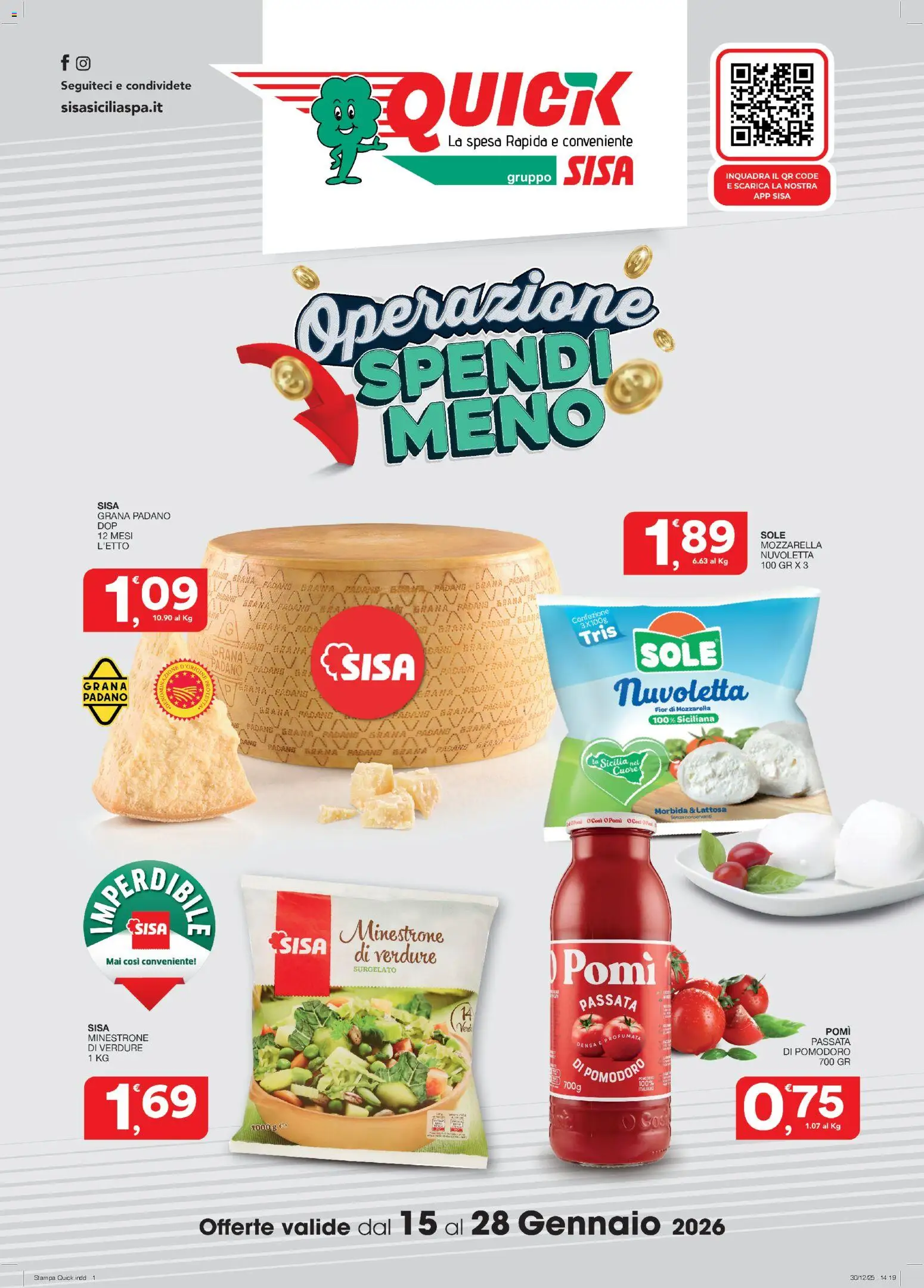 Volantino SISA del 15.01.2026 | Pagina: 1 | Prodotti: Minestrone, Verdure, Grana Padano, Stampa