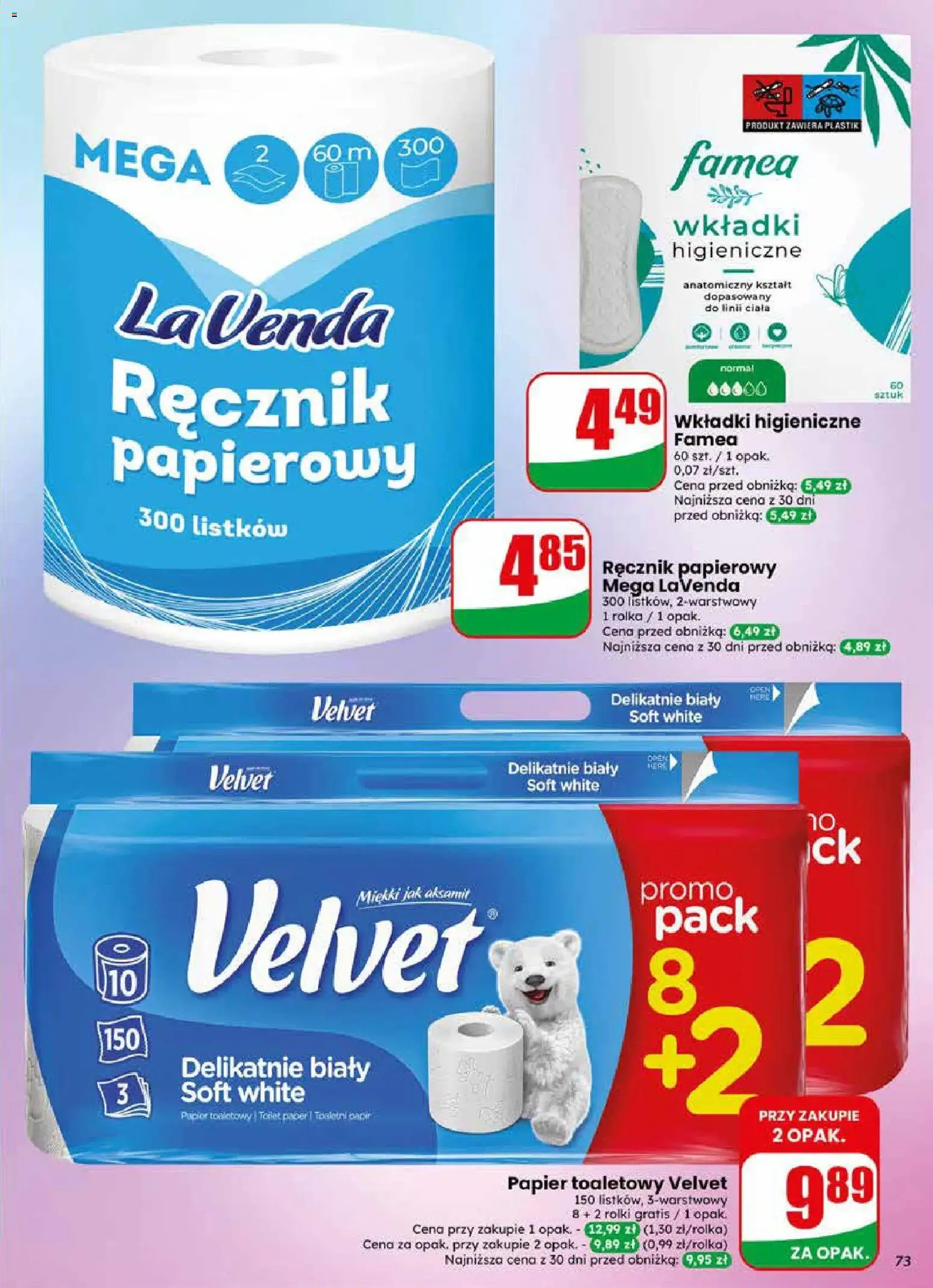Dino gazetka od 22.04.2026 | Strona: 73 | Produkty: Papier toaletowy, Rolki, Wkładki higieniczne, Ręcznik papierowy