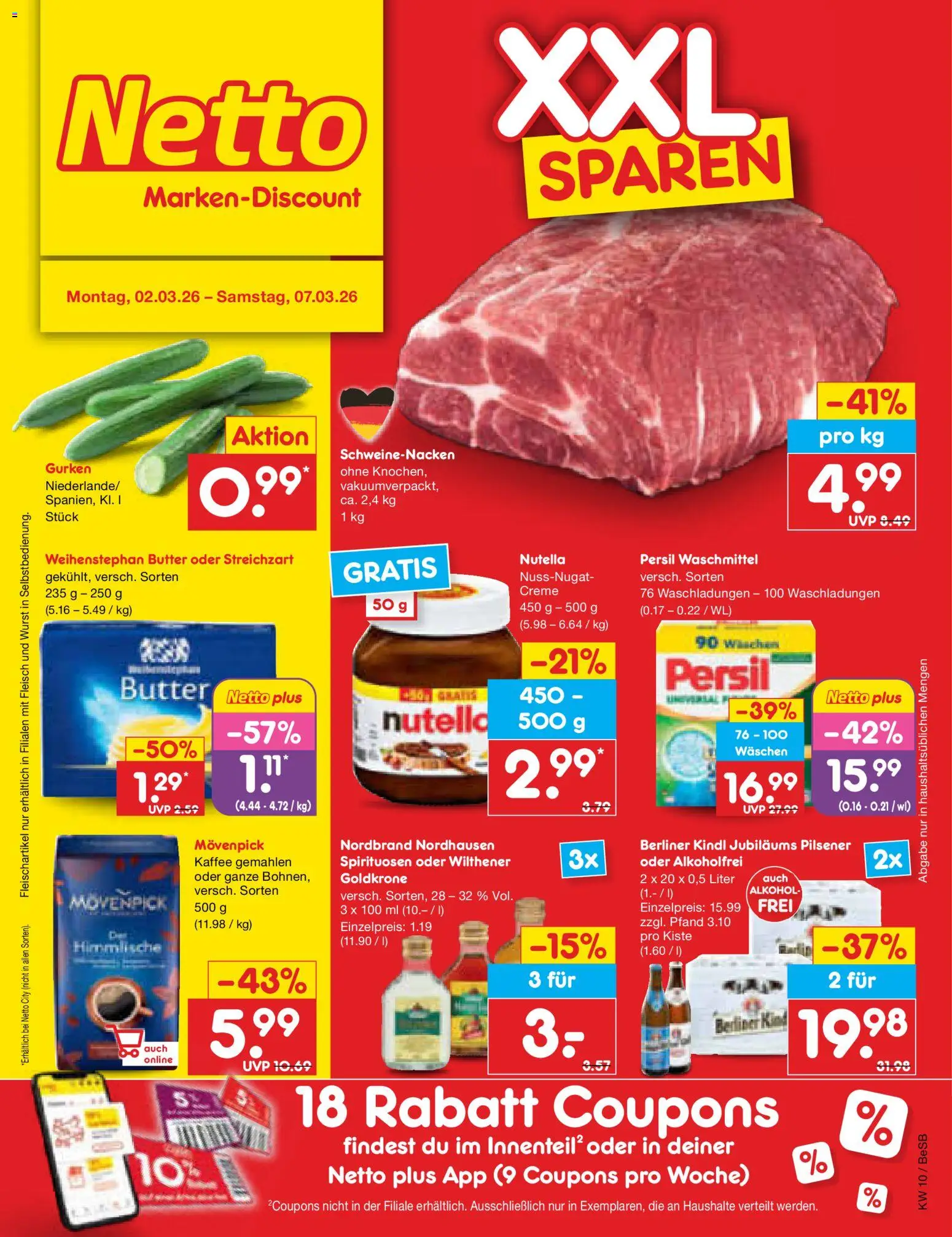 Netto Marken-Discount Prospekt 	 – gültig ab 02.03.2026 | Seite: 1 | Produkte: Butter, Schweinenacken, Weihenstephan butter, Nutella