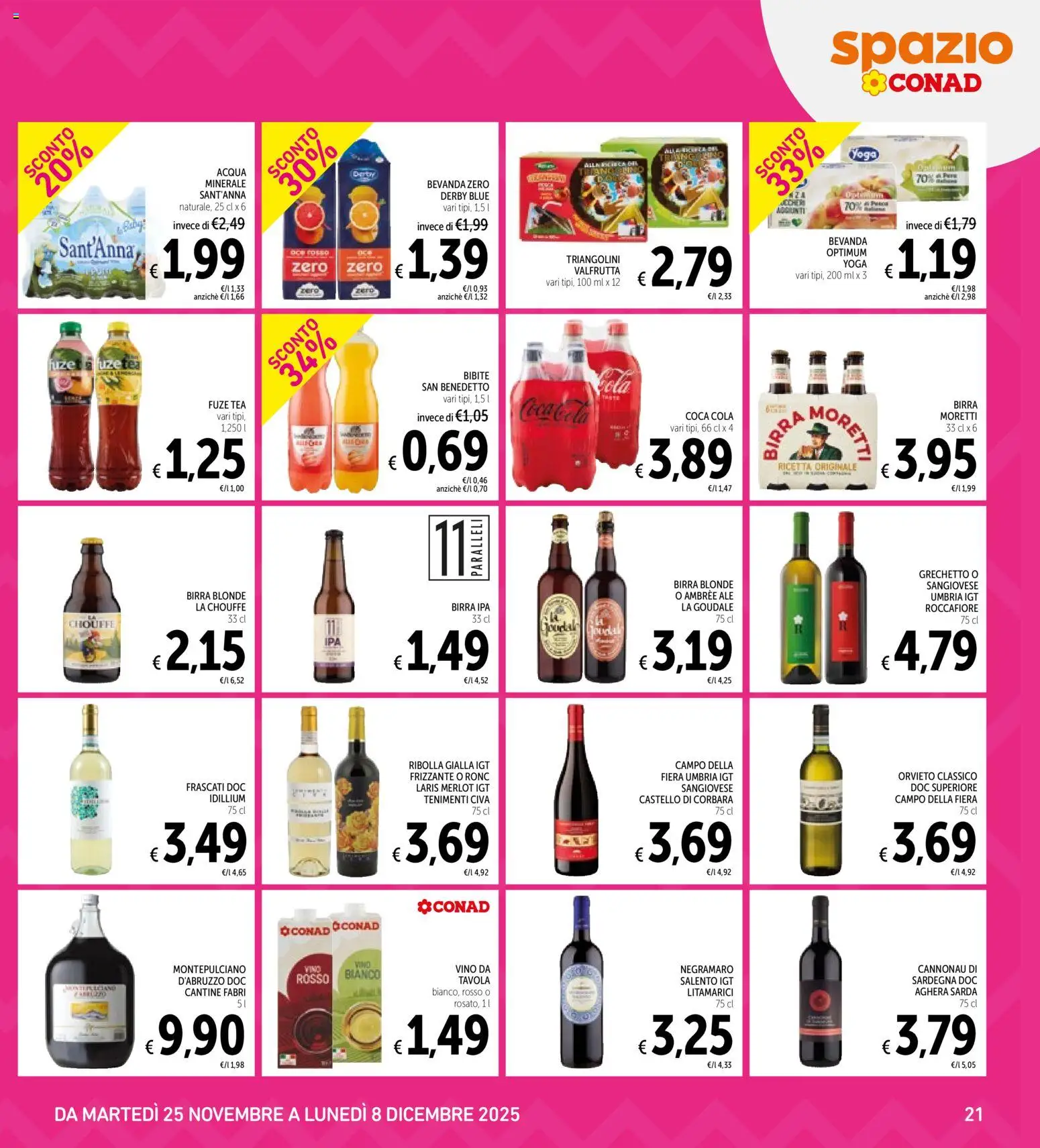 Volantino Spazio Conad del 25.11.2025 | Pagina: 21 | Prodotti: Acqua, Vino, Bibite, Coca Cola