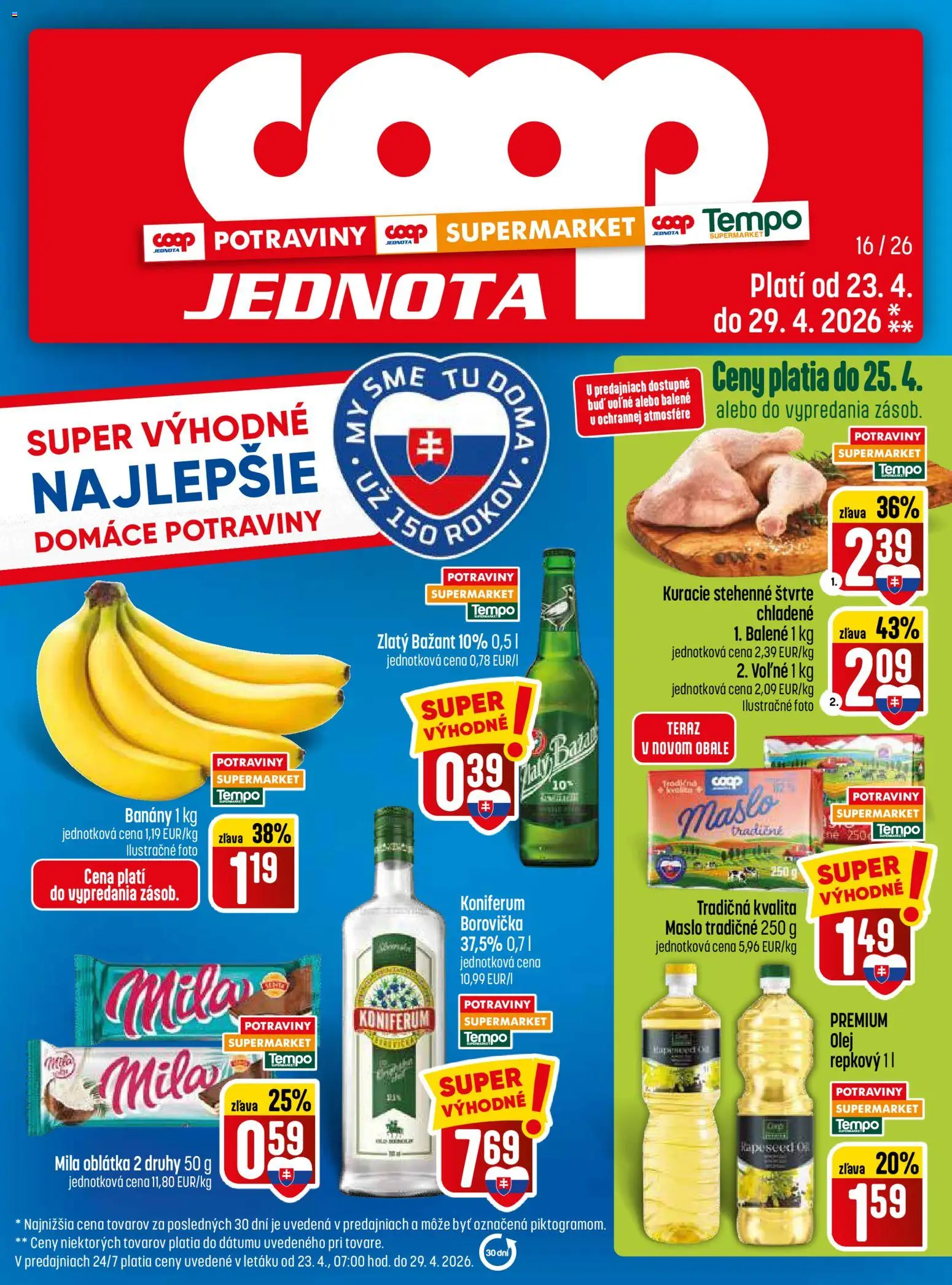 Nové COOP Jednota akcie – leták je platný od 23.04.2026 | Strana: 1 | Produkty: Maslo, Banány, Zlatý Bažant, Mila