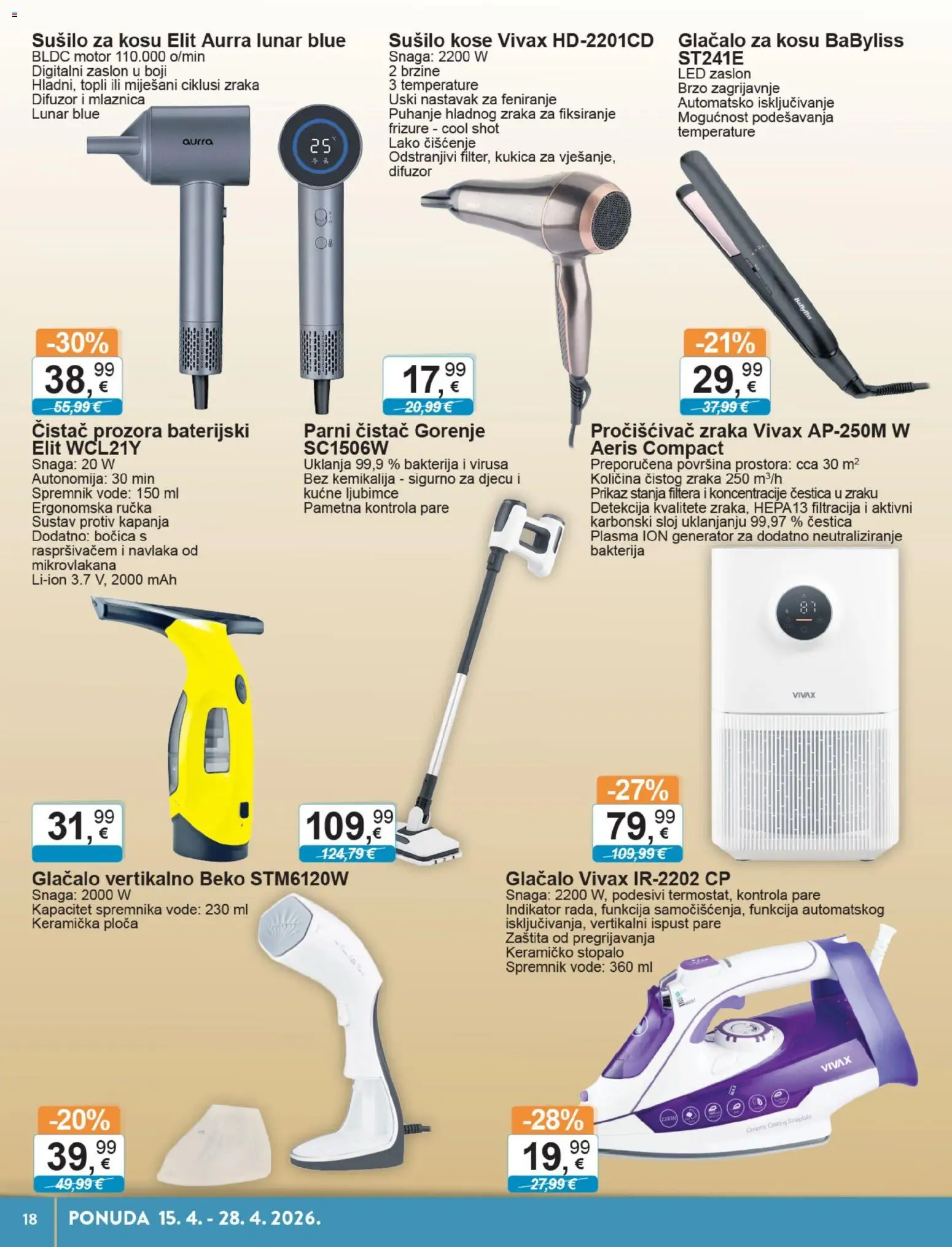 KTC katalog | vrijedi od 15.04.2026 | Stranica: 18 | Proizvodi: Pročišćivač zraka, Sušilo za kosu, Parni čistač