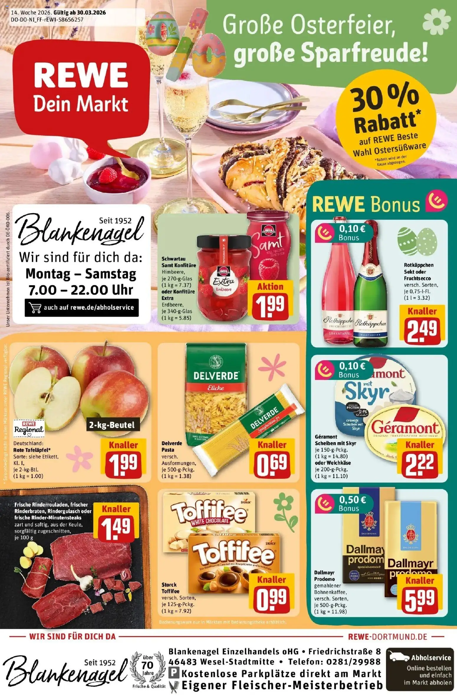 Rewe Prospekt Wesel	 – gültig ab 30.03.2026 | Seite: 1 | Produkte: Rindergulasch, Dallmayr, Toffifee, Pasta