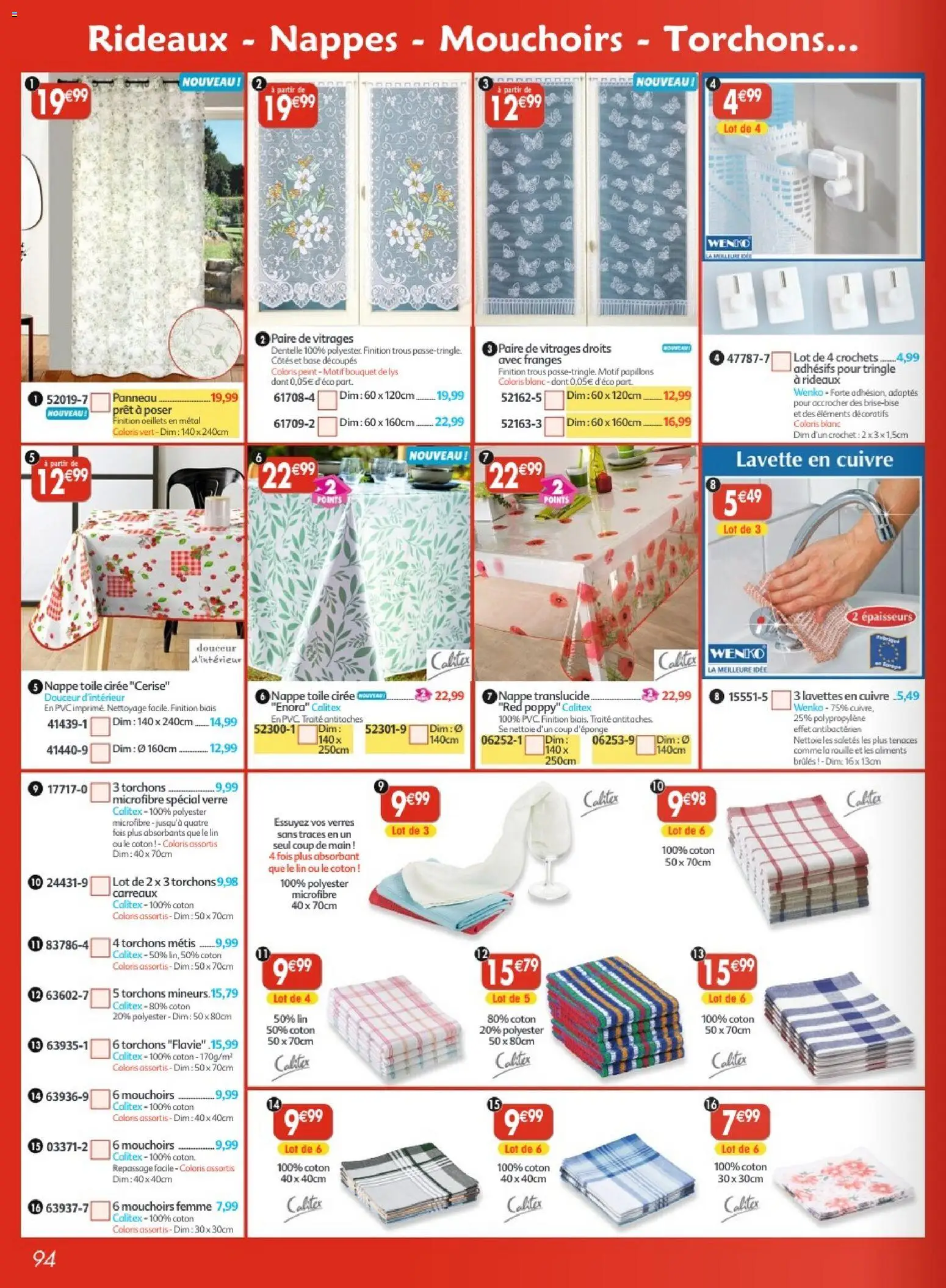 {H1} | Page: 94 | Produits: Coton, Mouchoirs, Nappe