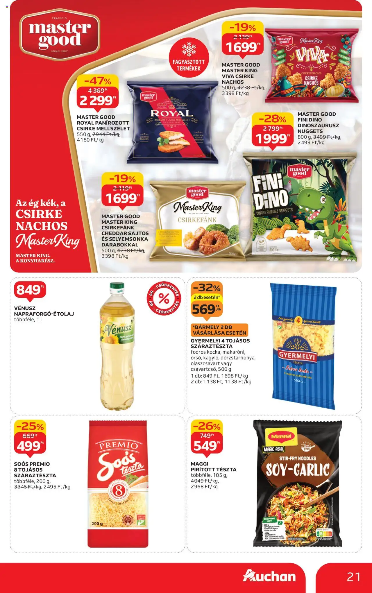 Auchan akciós ujság - amely érvényes a következő dátumtól: 24.10.2025 | Oldal: 21 | Termékek: Nuggets, Maggi, Tészta, Száraztészta