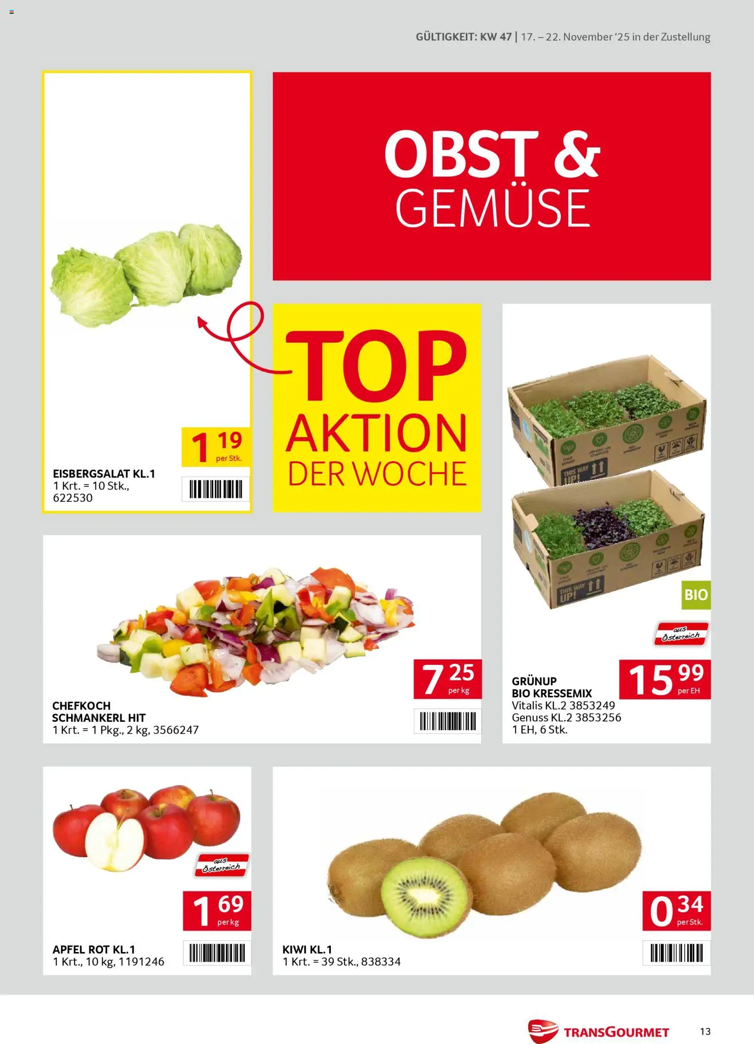 Transgourmet Zustellaktion gültig ab 17.11.2025 | Seite: 13 | Produkte: Kiwi, Gemüse, Obst, Äpfel