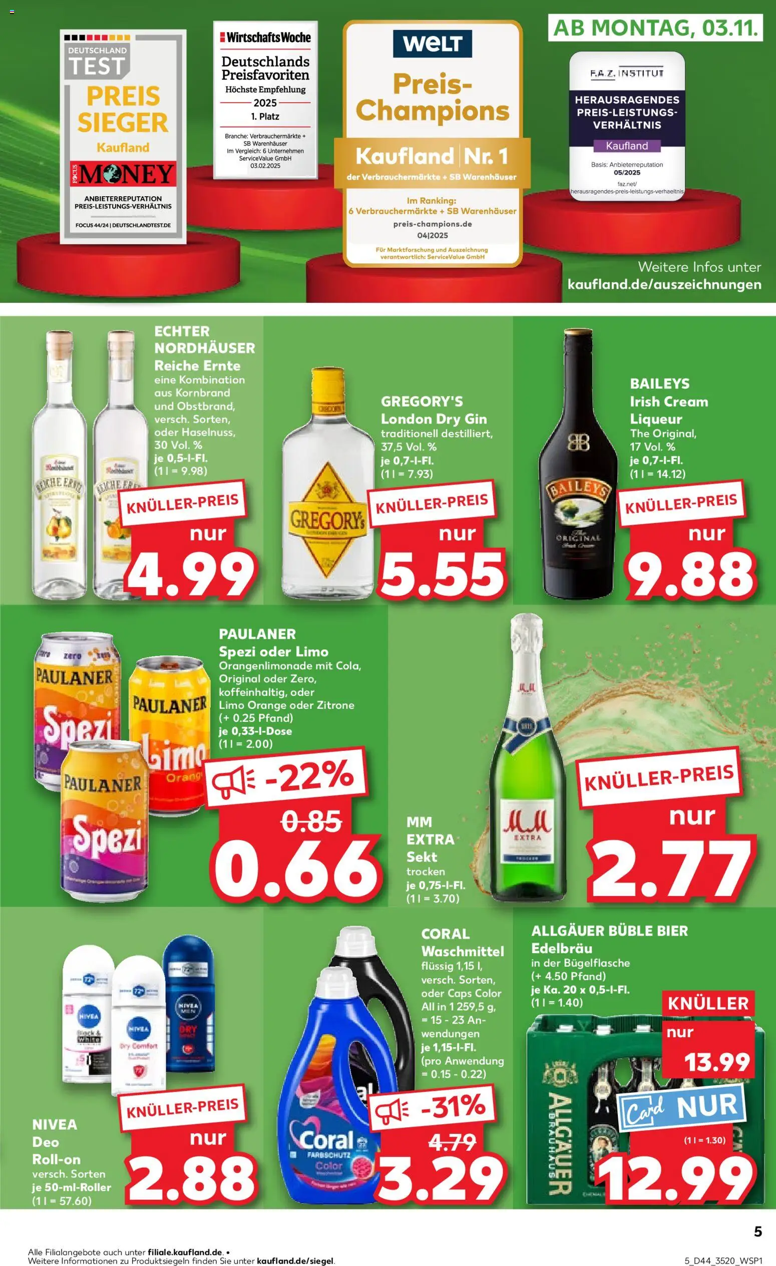 Kaufland prospekt Berlin	 – gültig ab 02.11.2025 | Seite: 5 | Produkte: Bier, Coral, Paulaner spezi, Waschmittel