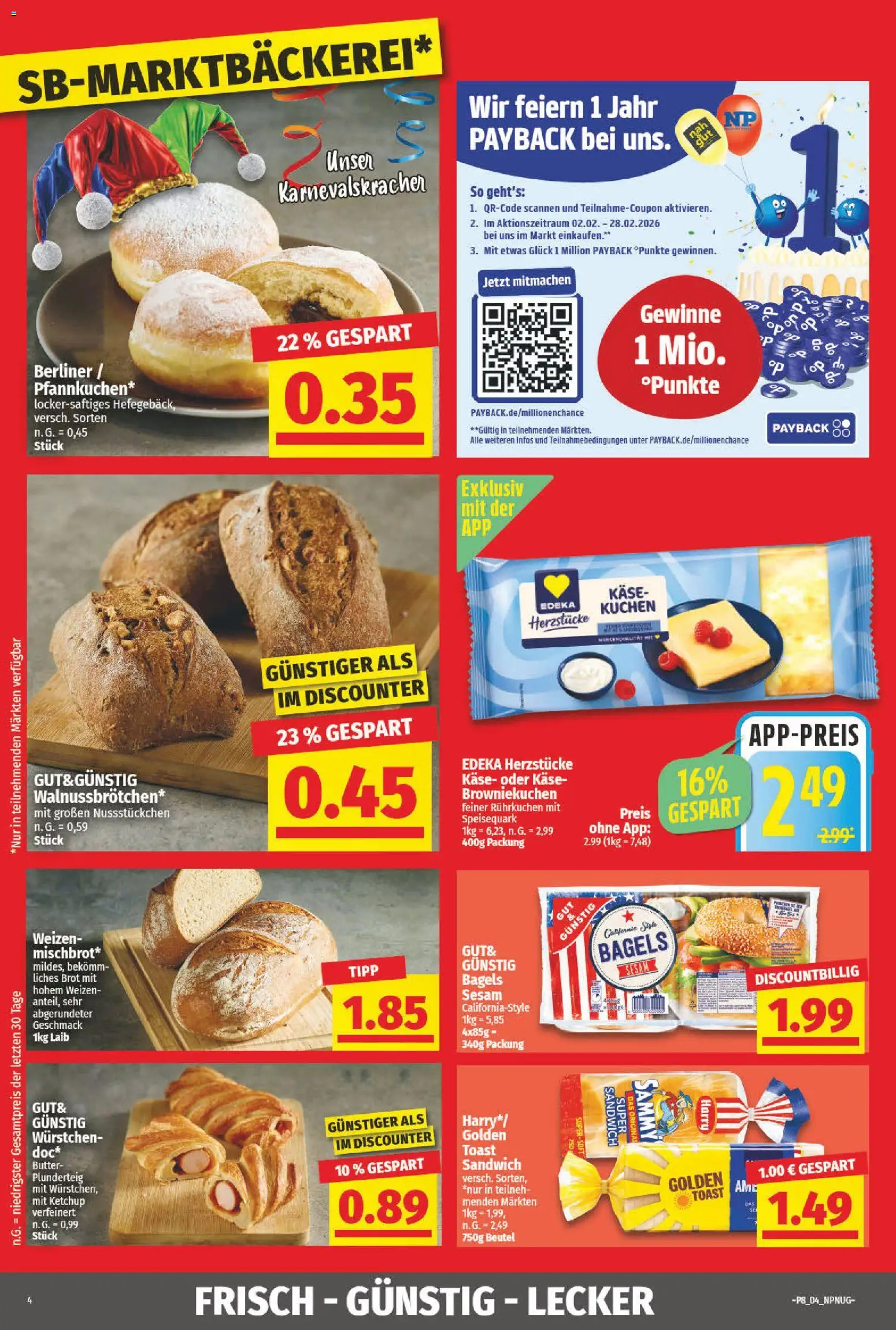 NP Discount Prospekt 	 – gültig ab 16.02.2026 | Seite: 4 | Produkte: Berliner, Butter, Brot, Speisequark