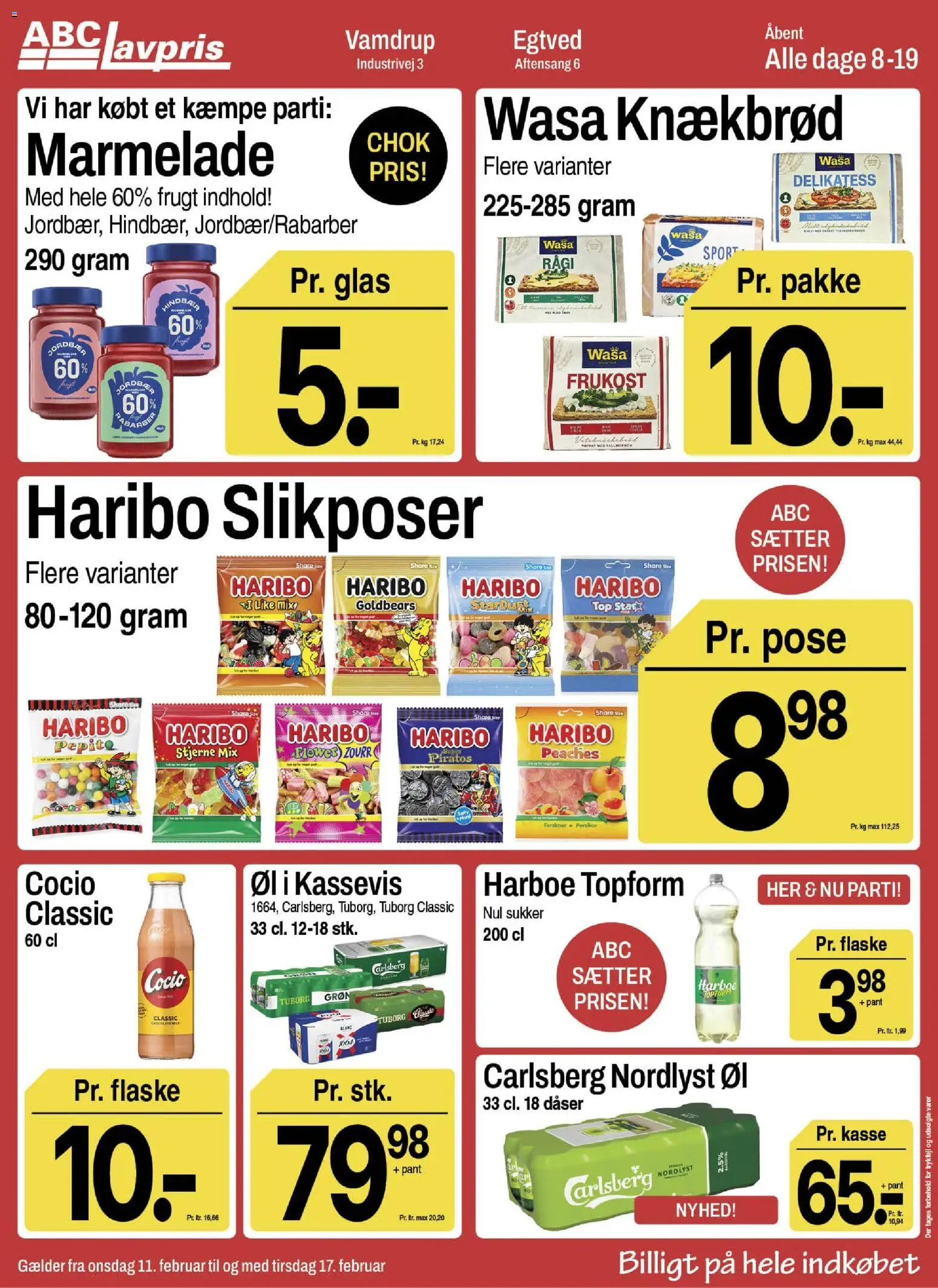 Abc Lavpris tilbudsavis – gyldig fra 11.02.2026 | Side: 1 | Produkter: Øl, Ferskner, Marmelade, Sukker