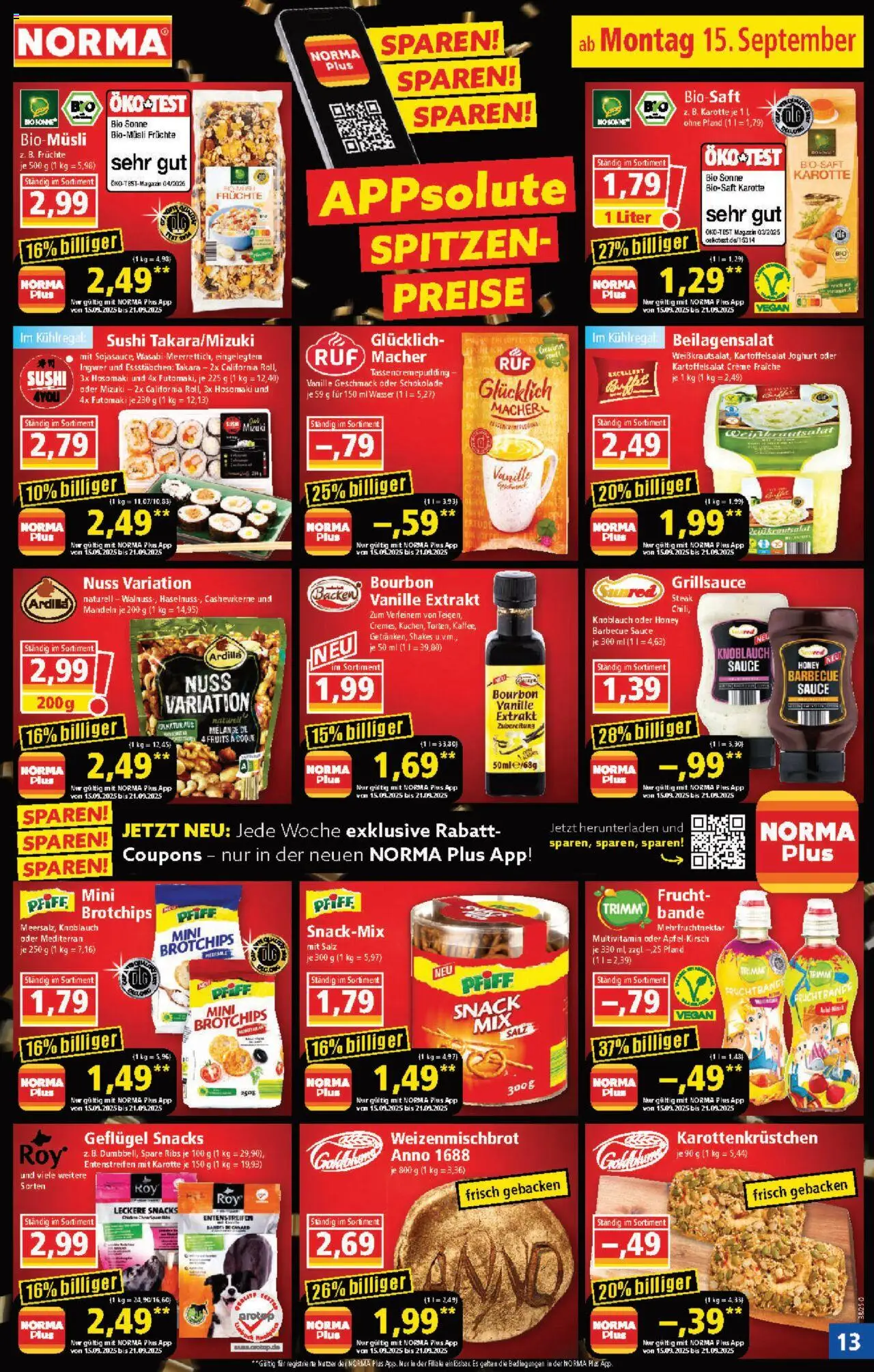 Norma Prospekt 	 – gültig ab 15.09.2025 | Seite: 13 | Produkte: Mandeln, Salz, Saft, Karotte