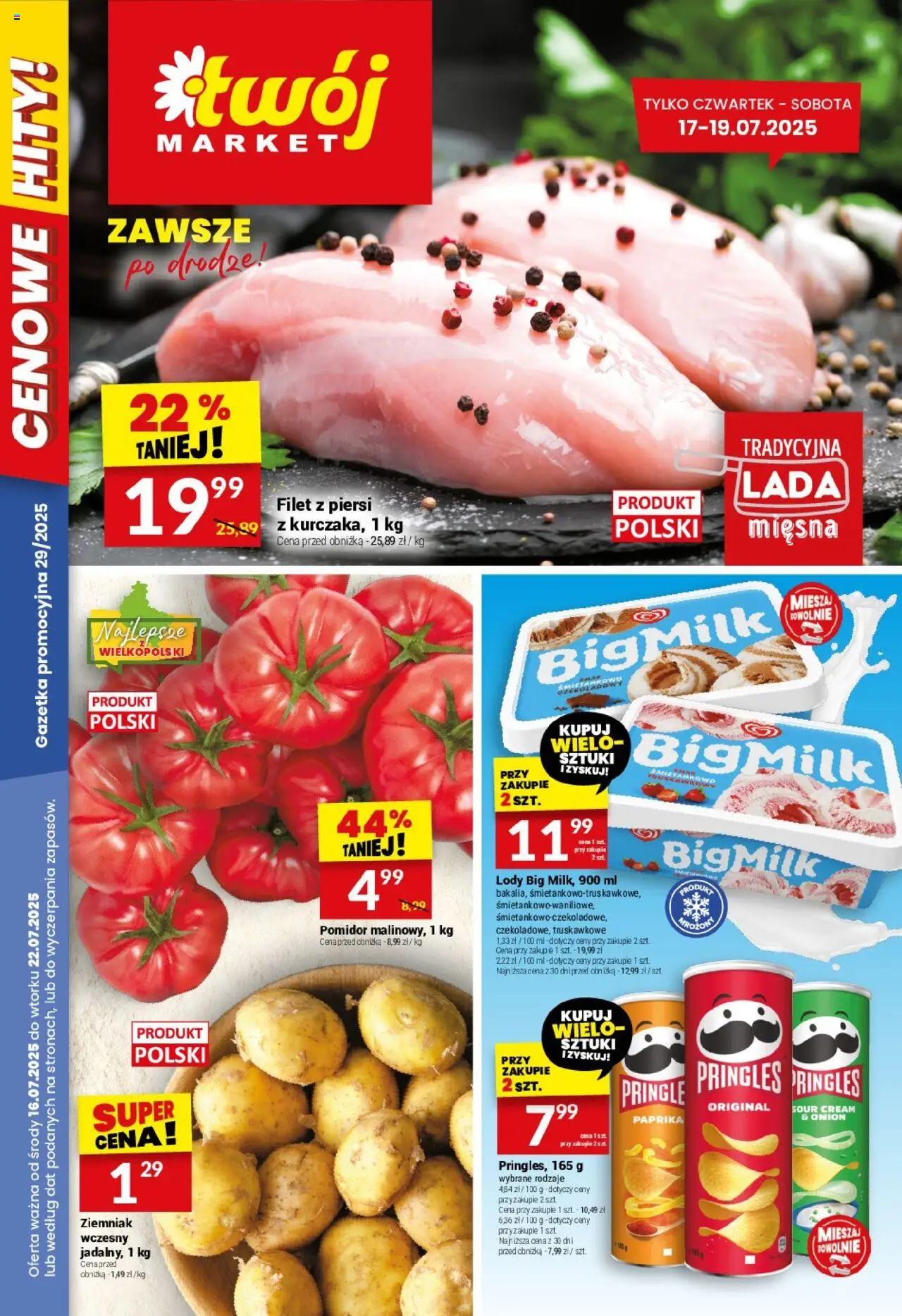 Twój Market Gazetka od 16.07.2025 | Strona: 1 | Produkty: Piersi, Pringles, Lody