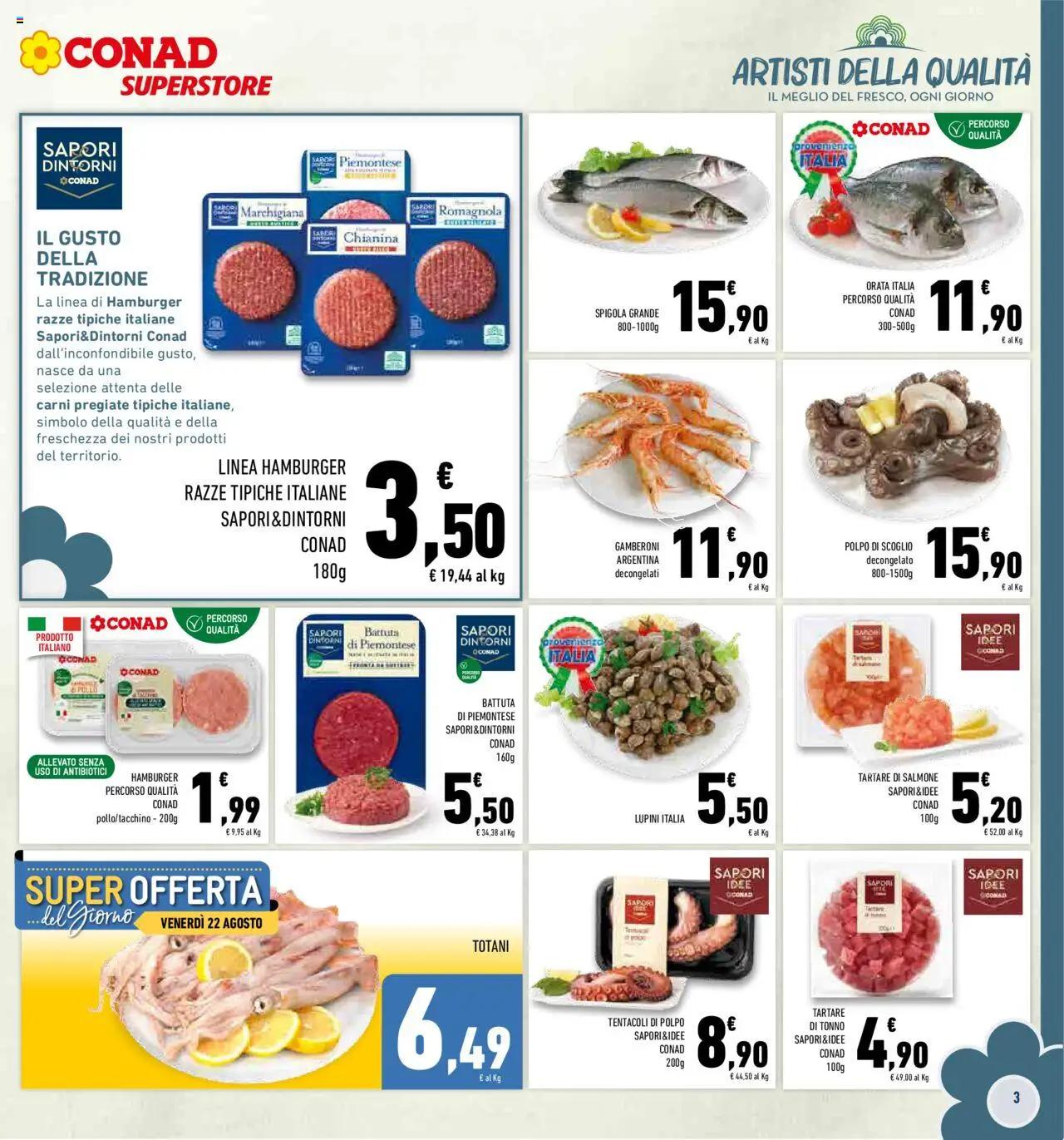 Volantino Conad del 13.08.2025 | Pagina: 3 | Prodotti: Lupini, Orata, Gamberoni, Hamburger