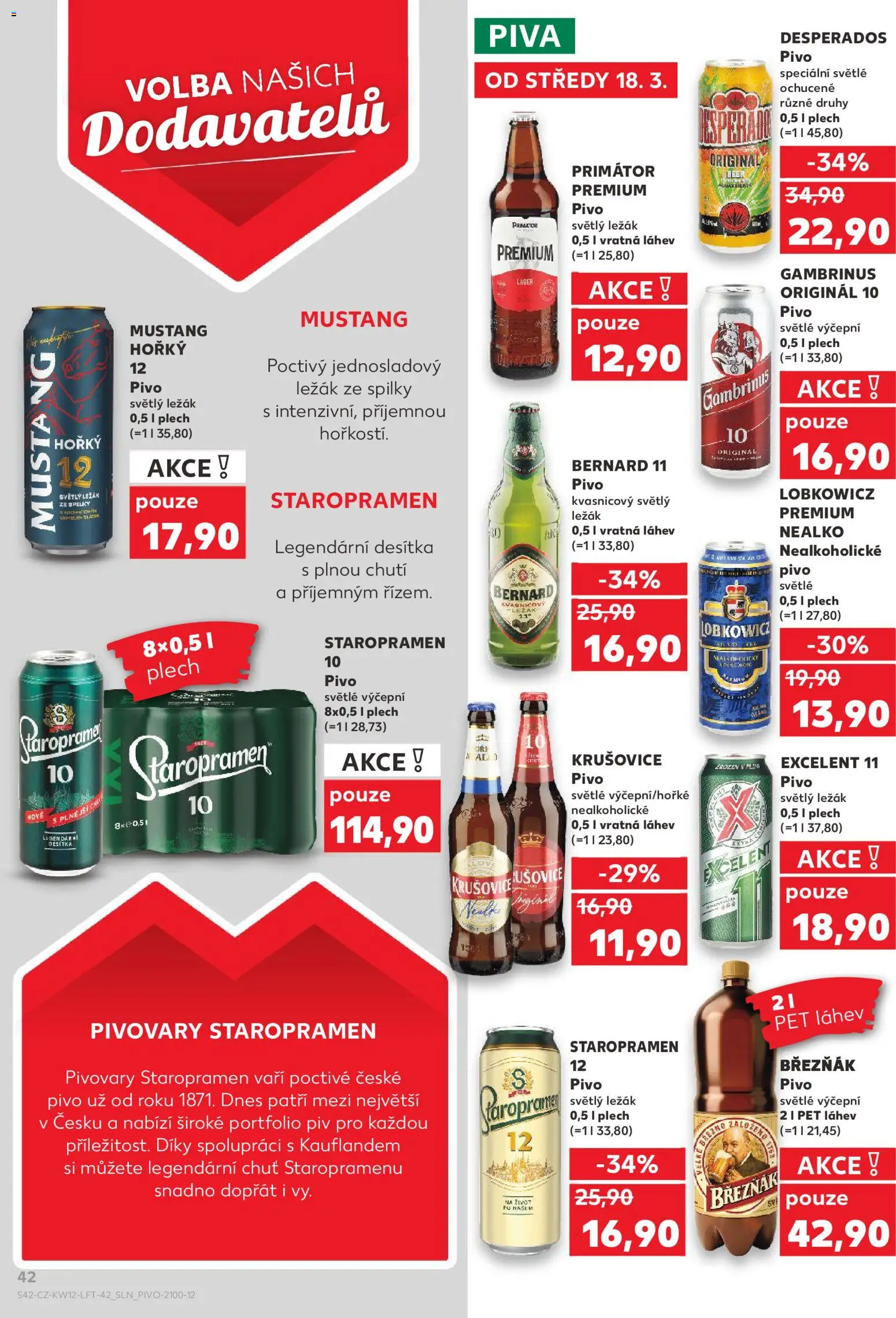 Kaufland leták - Plzeň Bory od 18.03.2026 | Strana: 42 | Produkty: Březňák, Excelent 11, Nealkoholické pivo, Bernard