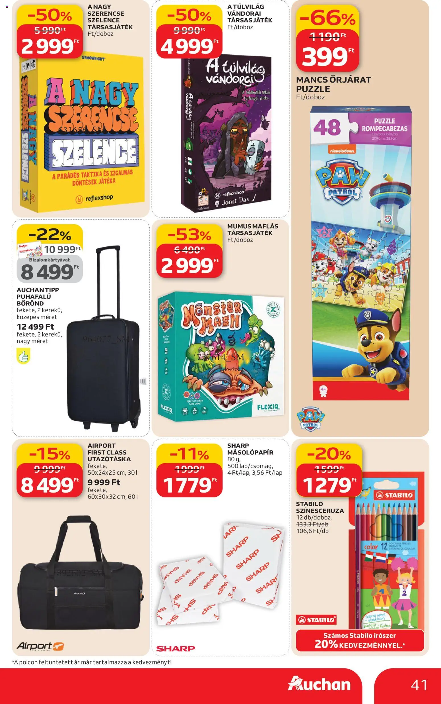 Auchan akciós ujság - amely érvényes a következő dátumtól: 19.02.2026 | Oldal: 41 | Termékek: Utazótáska, Bőrönd, Puzzle, Társasjáték