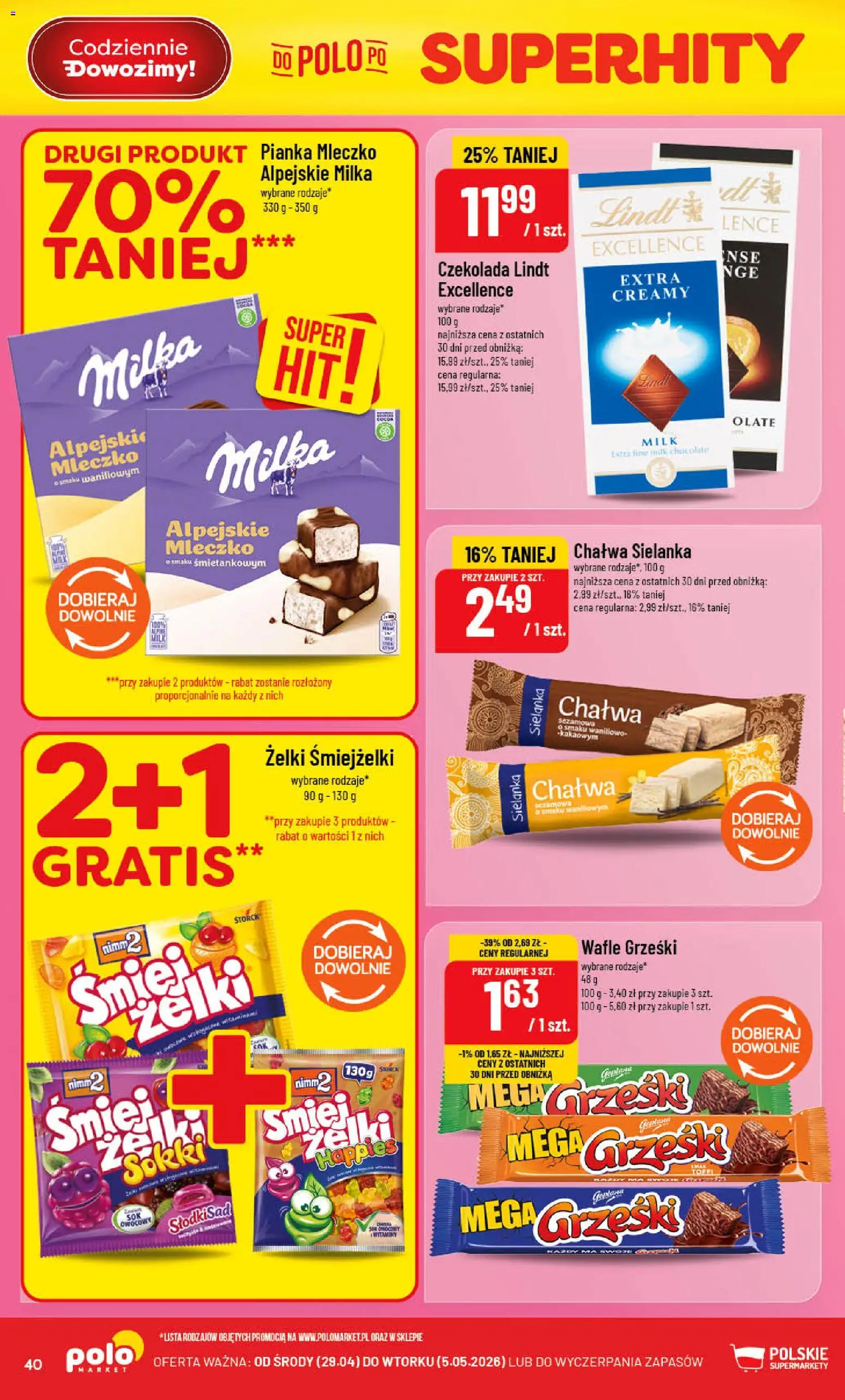 POLOmarket gazetka od 29.04.2026 | Strona: 40 | Produkty: Czekolada lindt, Wafle, Milka, Żelki