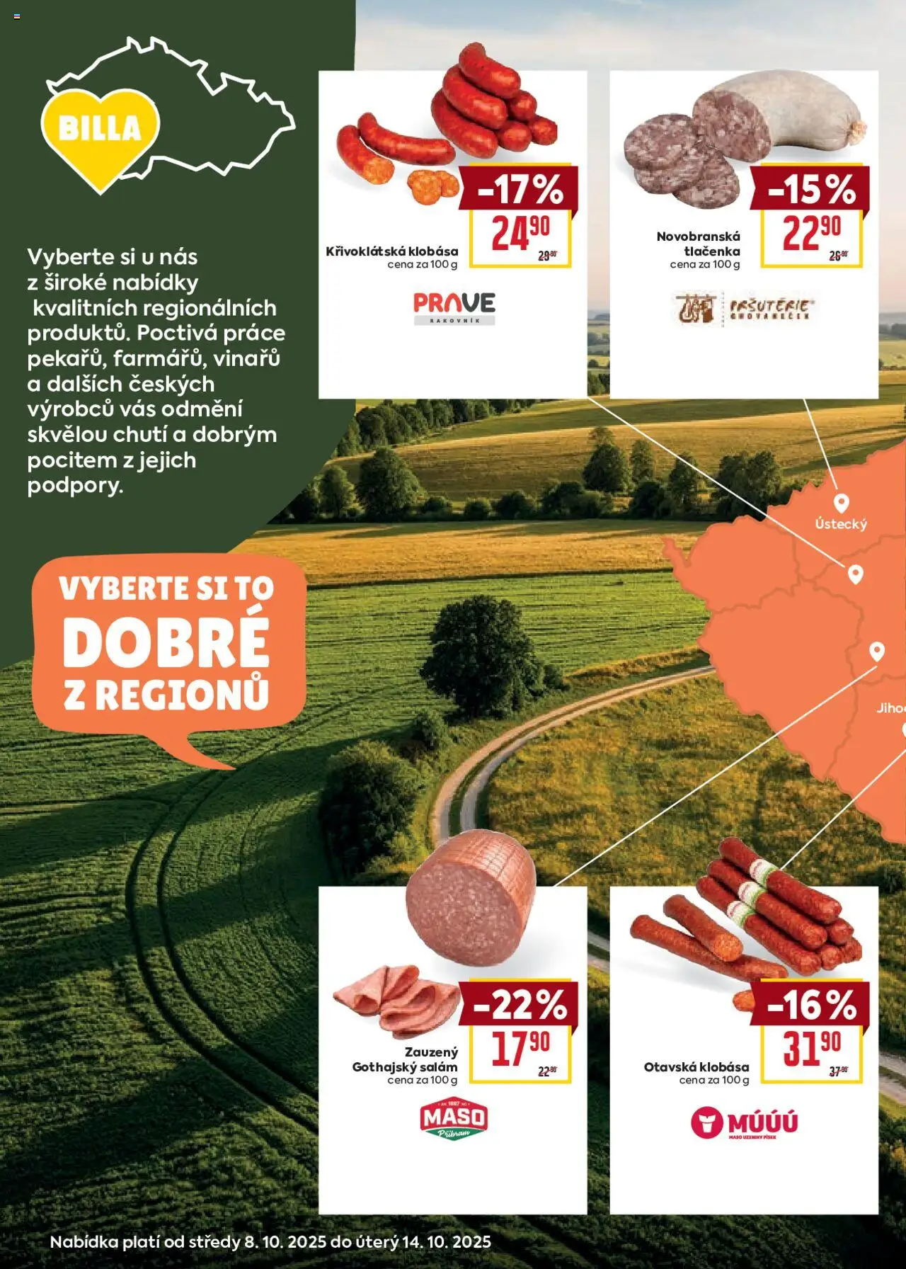 Billa Velký leták od 08.10.2025 | Strana: 8 | Produkty: Písek, Gothajský salám, Tlačenka, Maso