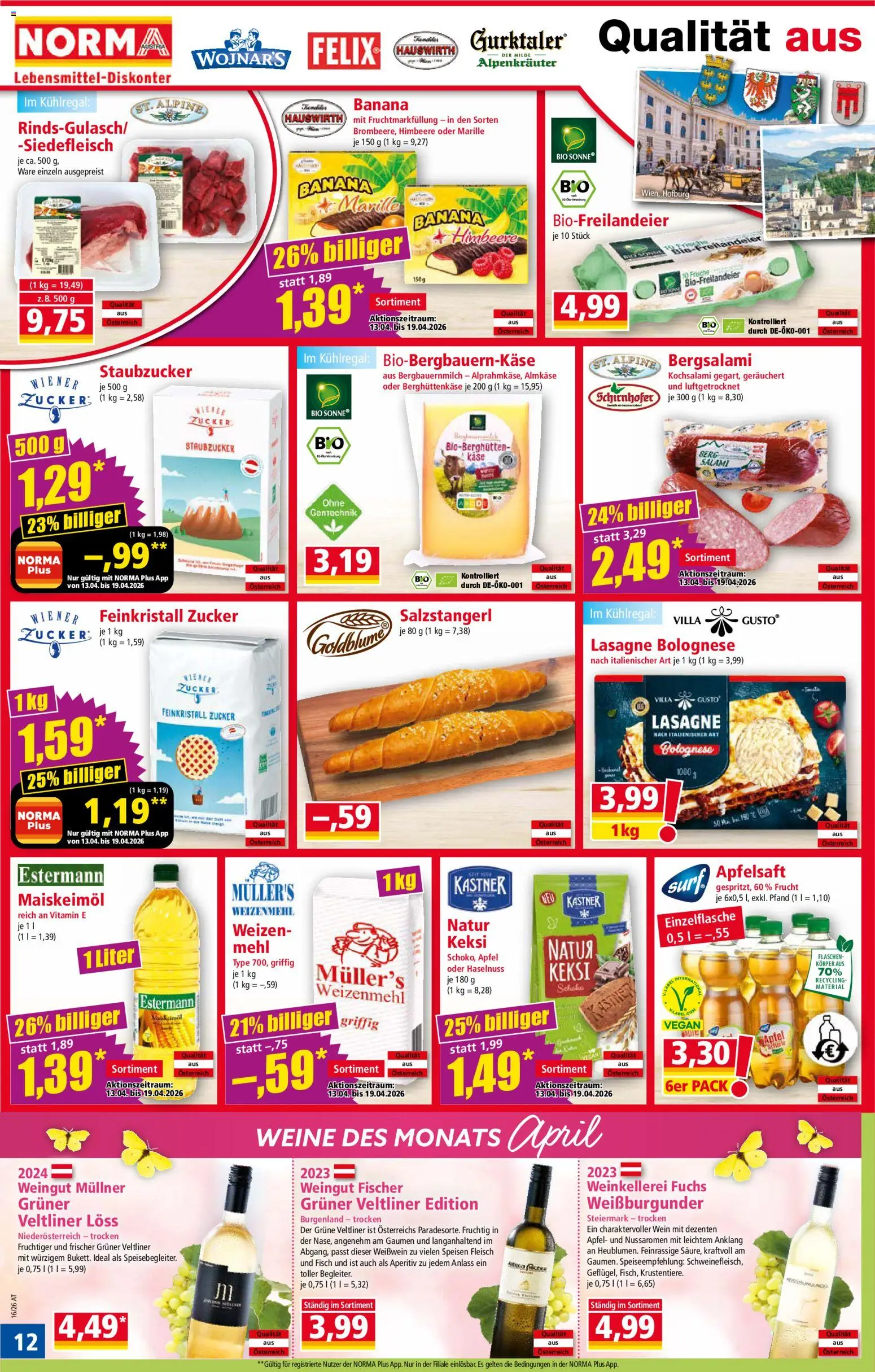 Norma Flugblatt gültig ab 13.04.2026 | Seite: 12 | Produkte: Käse, Salami, Wein, Fisch