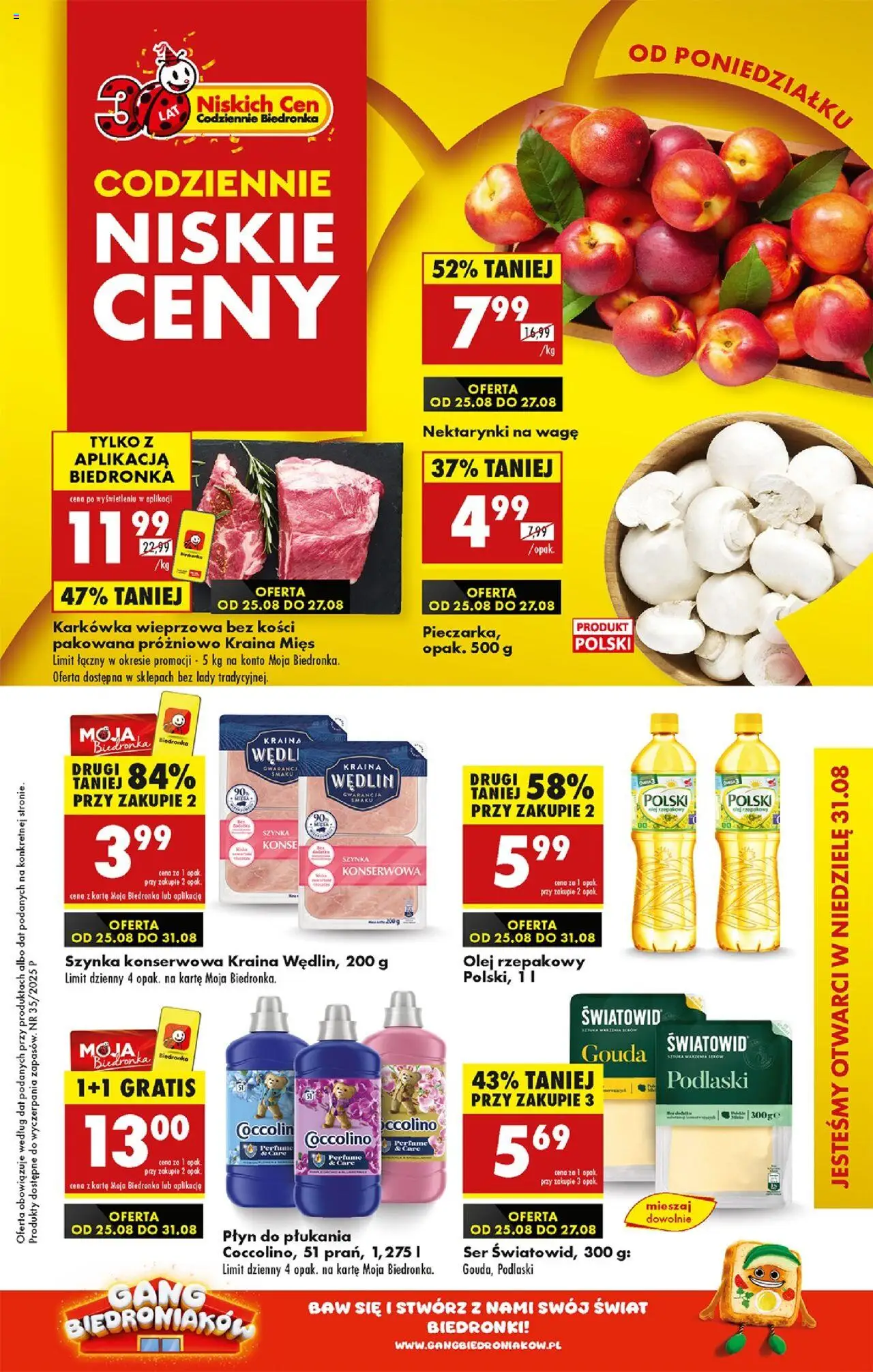 Biedronka gazetka od 25.08.2025 | Strona: 1 | Produkty: Olej rzepakowy, Karkówka, Kraina mięs, Szynka