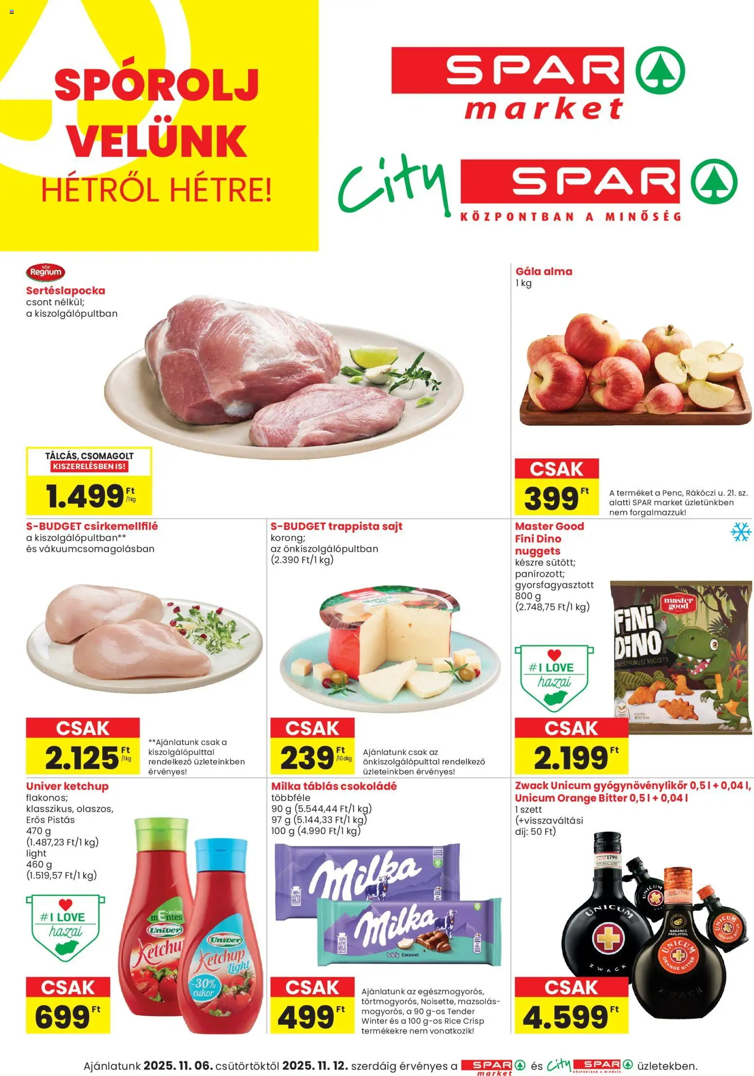 Spar Market akciós ujság - amely érvényes a következő dátumtól: 06.11.2025 | Oldal: 1 | Termékek: Sertéslapocka, Nuggets, Alma, Ketchup