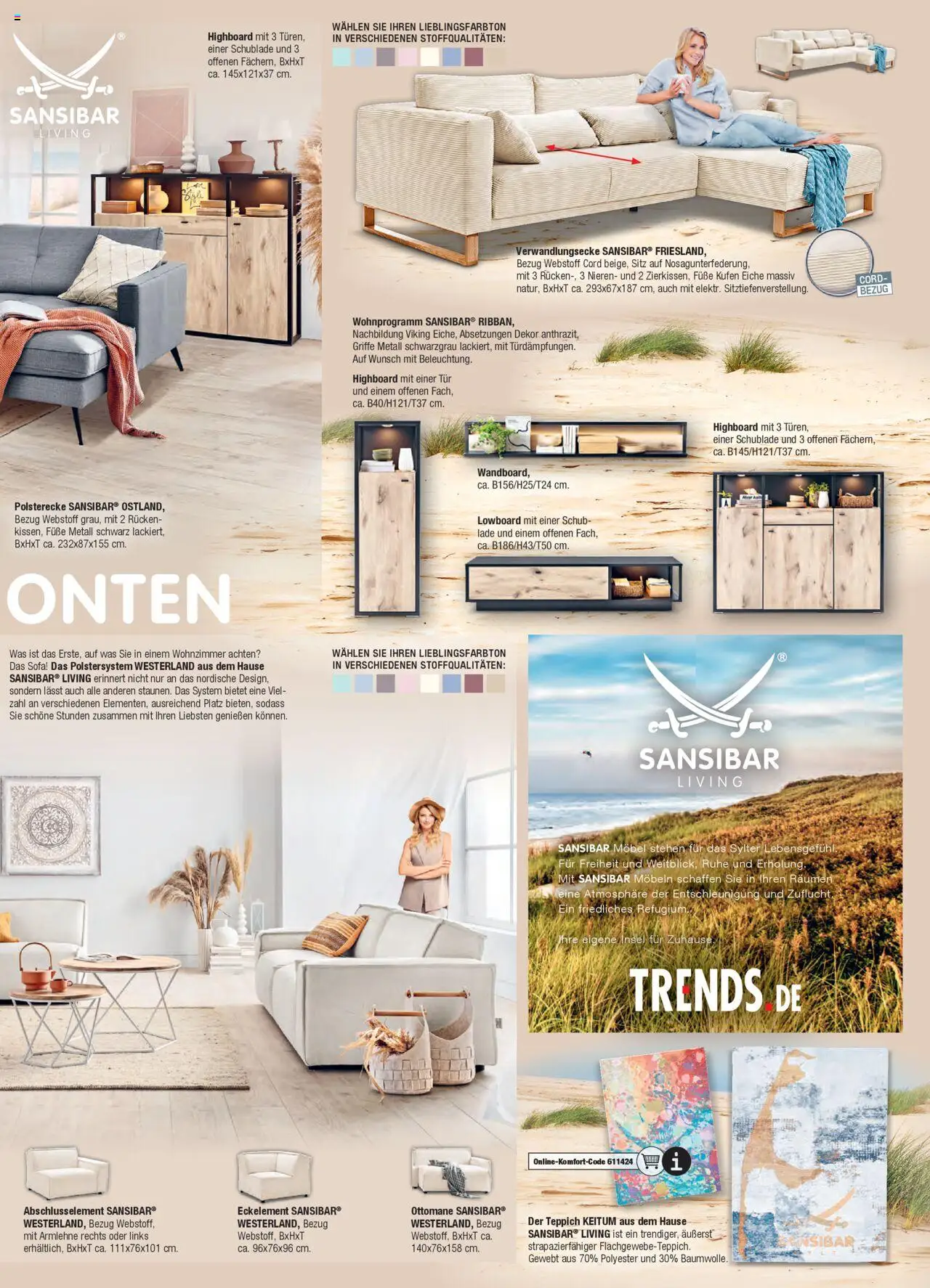 Ostermann Sansibar Living  – gültig ab 01.01.2025 | Seite: 11 | Produkte: HIghboard, Sofa, Teppich, Tür