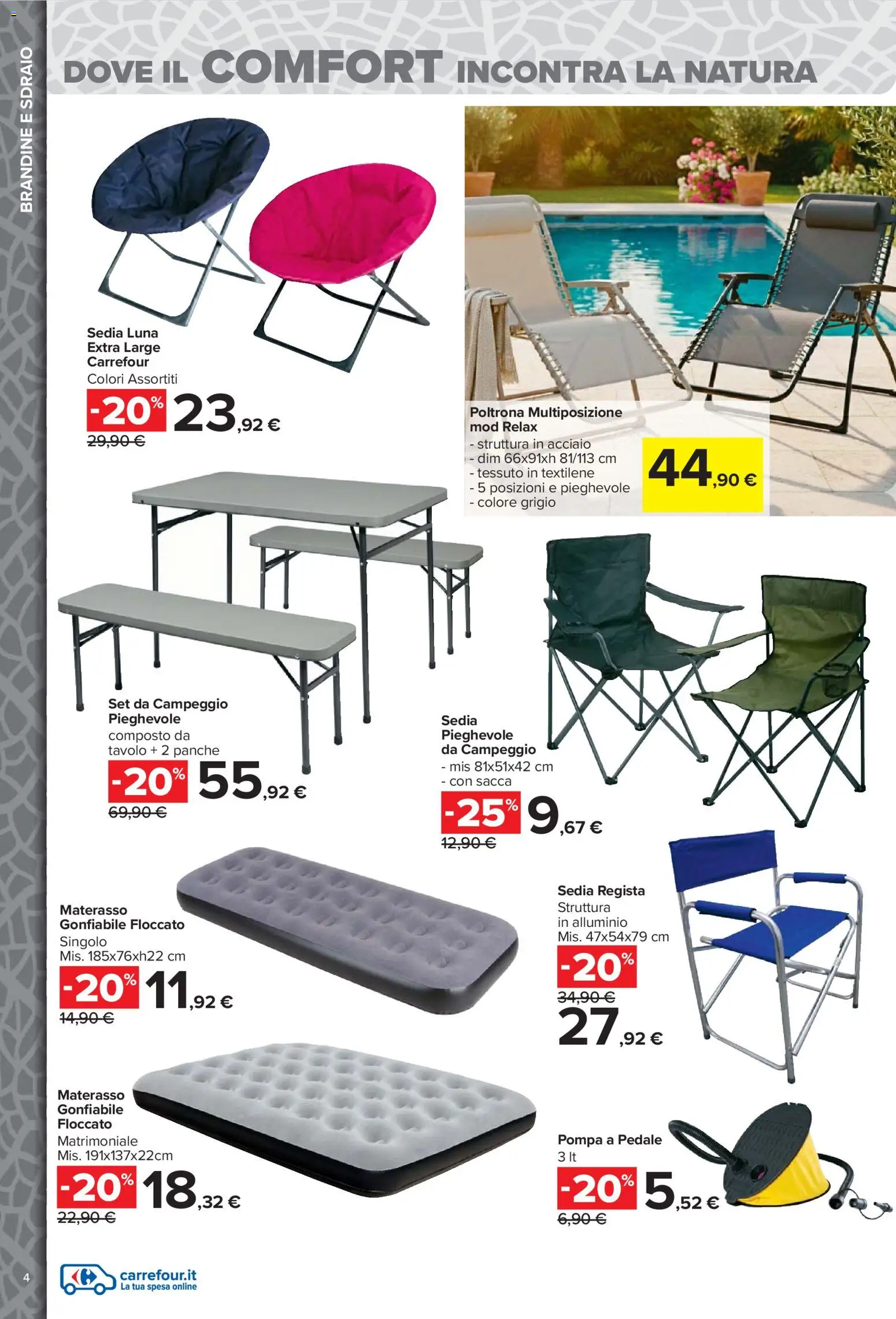 Volantino Carrefour del 23.03.2026 | Pagina: 4 | Prodotti: Sdraio, Materasso, Tavolo, Sedia