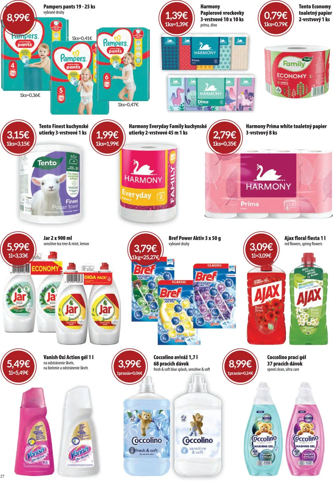 Nové CBA Komfos akcie – leták je platný od 02.10.2025 | Strana: 27 | Produkty: Toaletný papier, Aviváž, Jar, Pampers