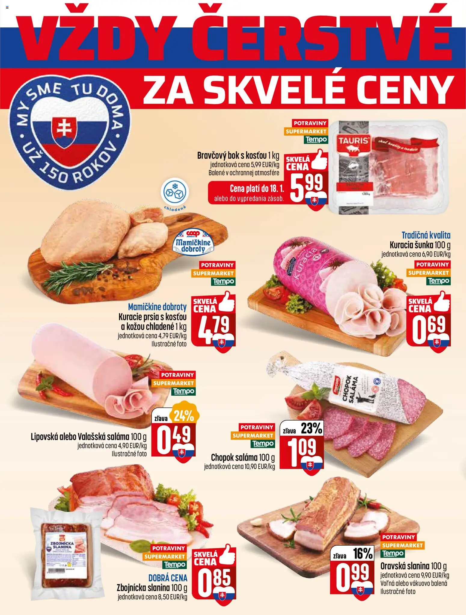 Nové COOP Jednota akcie – leták je platný od 15.01.2026 | Strana: 4 | Produkty: Saláma, Šunka, Slanina, Kuracie prsia