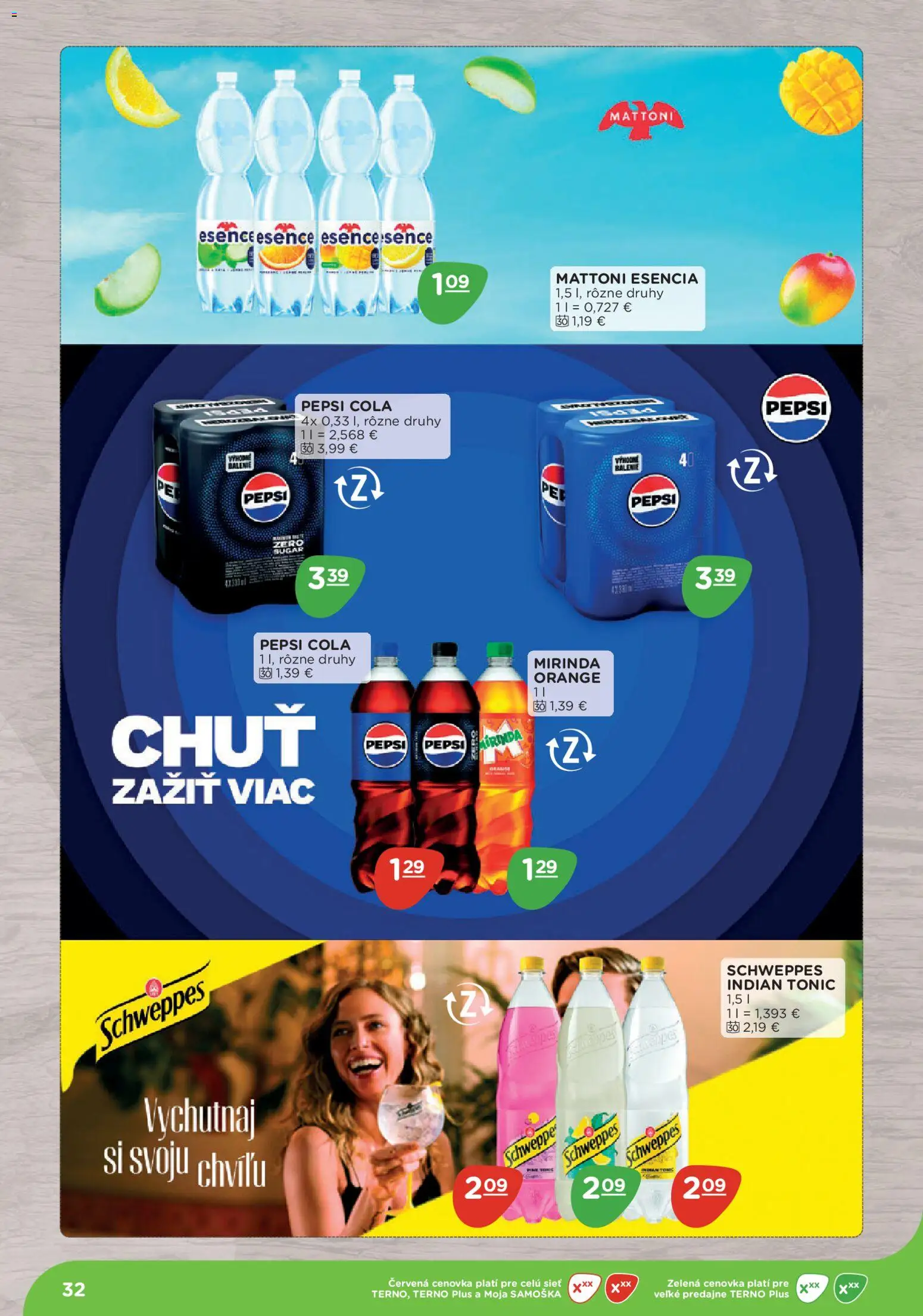 Nové Terno akcie – leták je platný od 10.11.2025 | Strana: 32 | Produkty: Mattoni, Pepsi, Mirinda, Cola