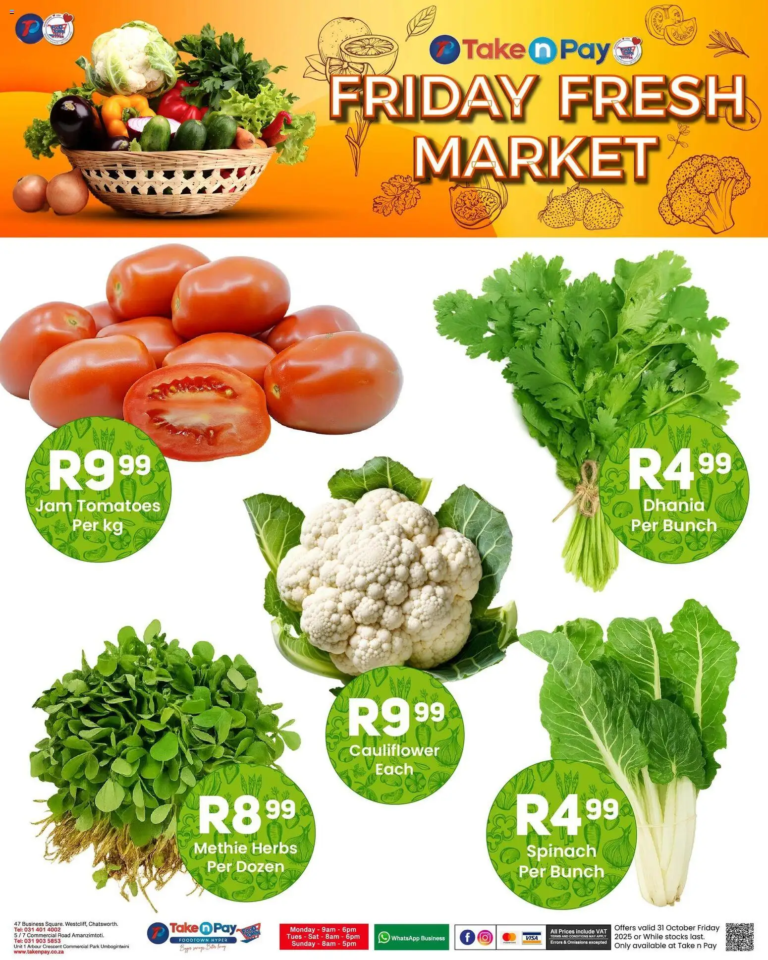 New Take n Pay catalogue – valid from 31.10.2025 | Page: 8 | Products: Cauliflower, Jam, Tomatoes, Herbs