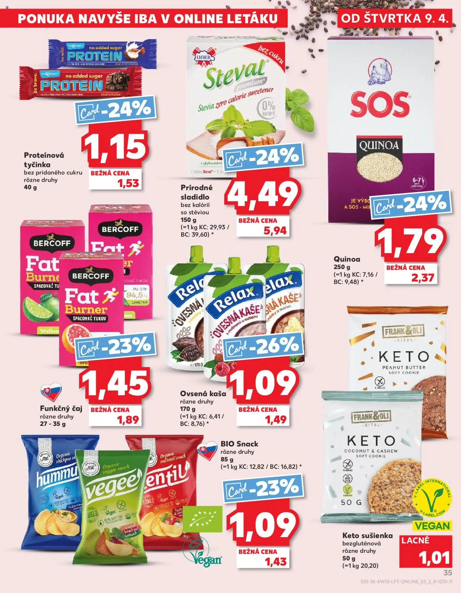 Kaufland SK akciós ujság - amely érvényes a következő dátumtól: 09.04.2026 | Oldal: 35 | Termékek: Protein, Quinoa, Vegán, Só