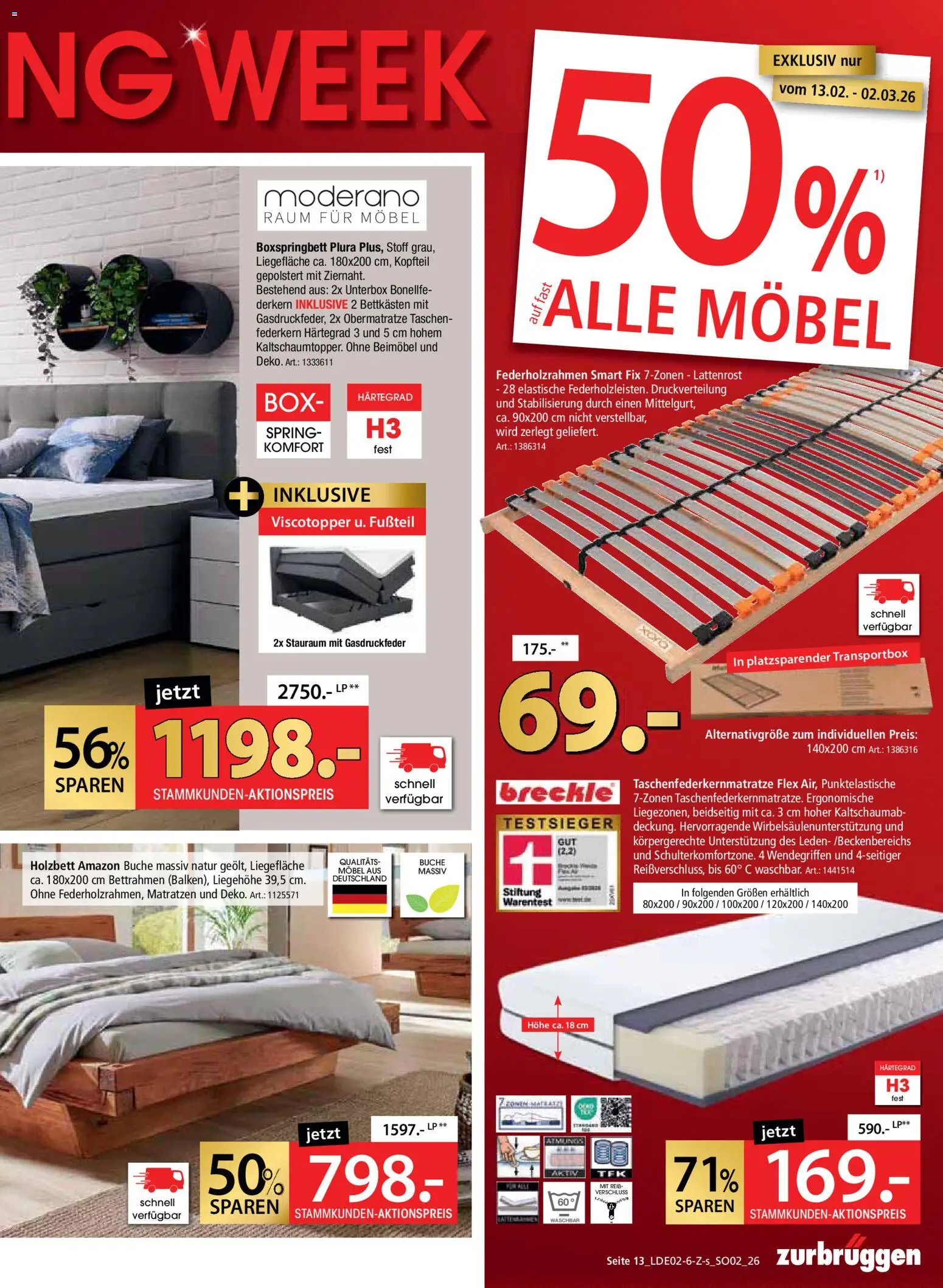 Zurbrüggen Red Shopping Week – gültig ab 13.02.2026 | Seite: 13 | Produkte: Lattenrost, Boxspringbett, Box, Reis