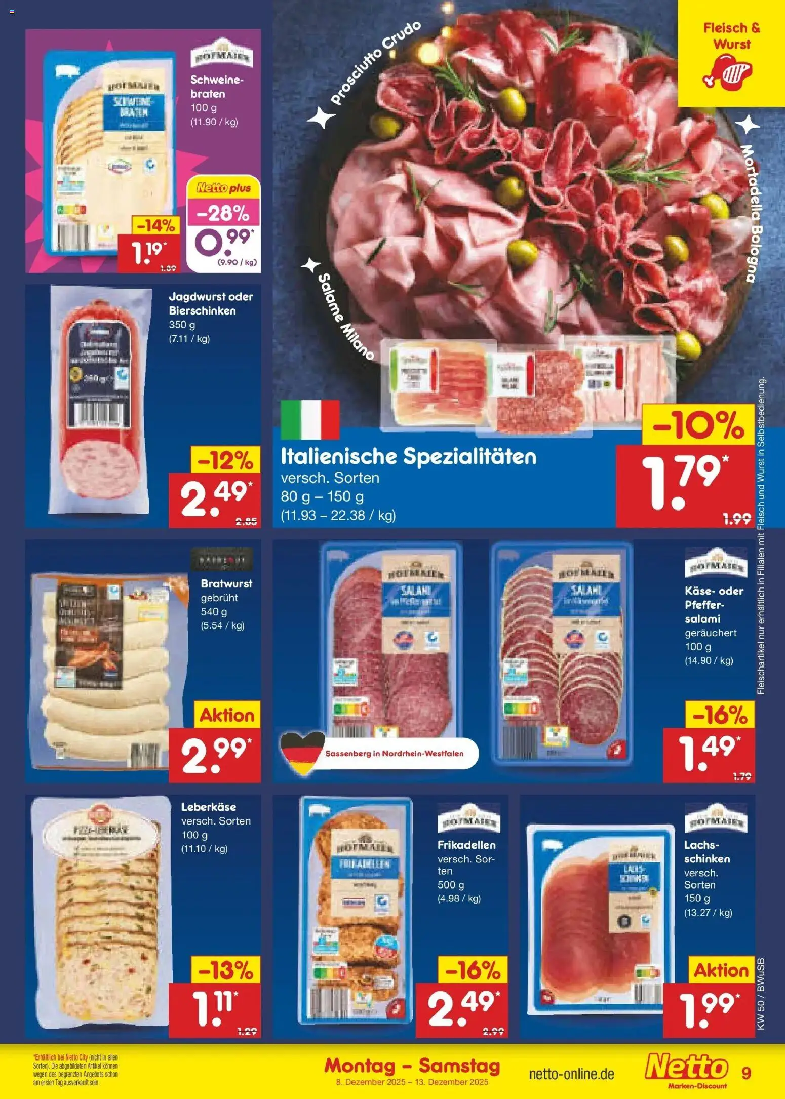 Netto Marken-Discount prospekt Stemwede-Dielingen	 – gültig ab 08.12.2025 | Seite: 9 | Produkte: Bratwurst, Lachs, Salami, Leberkase