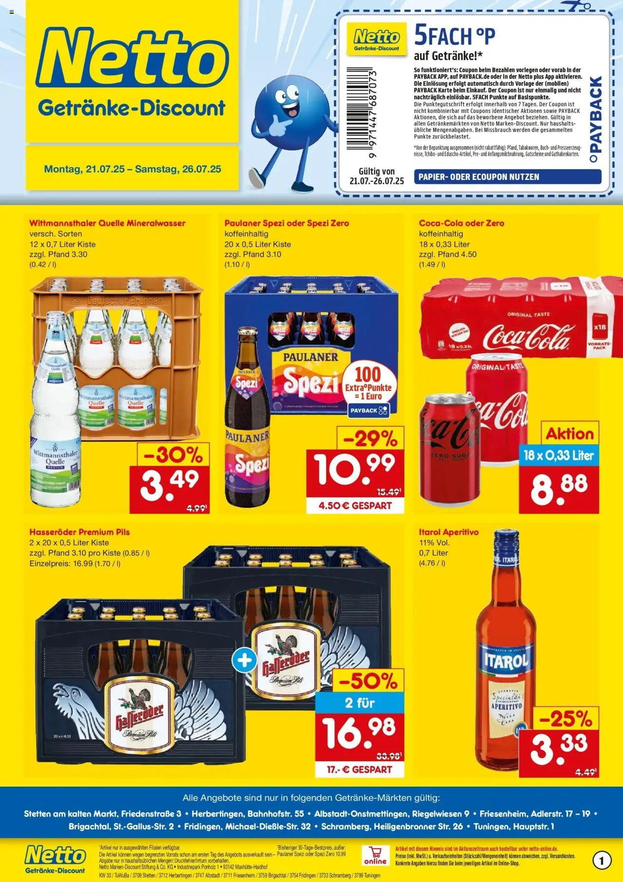Netto Marken-Discount prospekt Tuningen	 - gültig ab dem 21.07.2025 | Seite: 1 | Produkte: Paulaner spezi, Pils, Mineralwasser, Hasseröder