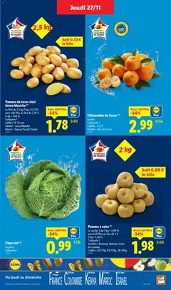 LIDL - Prévisualisation de Pomme de terre chair ferme blanche (1), Le filet de 2,5 kg (1 kg = 0,72 €), avec Lidl Plus au lieu de 2,70 €, (1 kg = 1,08 €), Catégorie 1, Calibre 35-55 mm, Variété: Jazzy/Marylin, Nature: Vapeur/Sauté/Salade valide à partir de 27.11.2025 | Page: 3