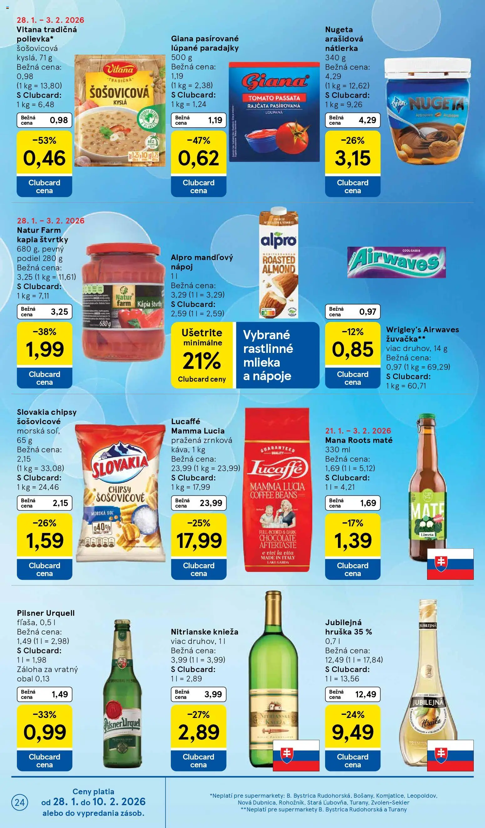 Nové Tesco akcie – leták je platný od 28.01.2026 | Strana: 24 | Produkty: Pilsner Urquell, Paradajky, Soľ, Alpro