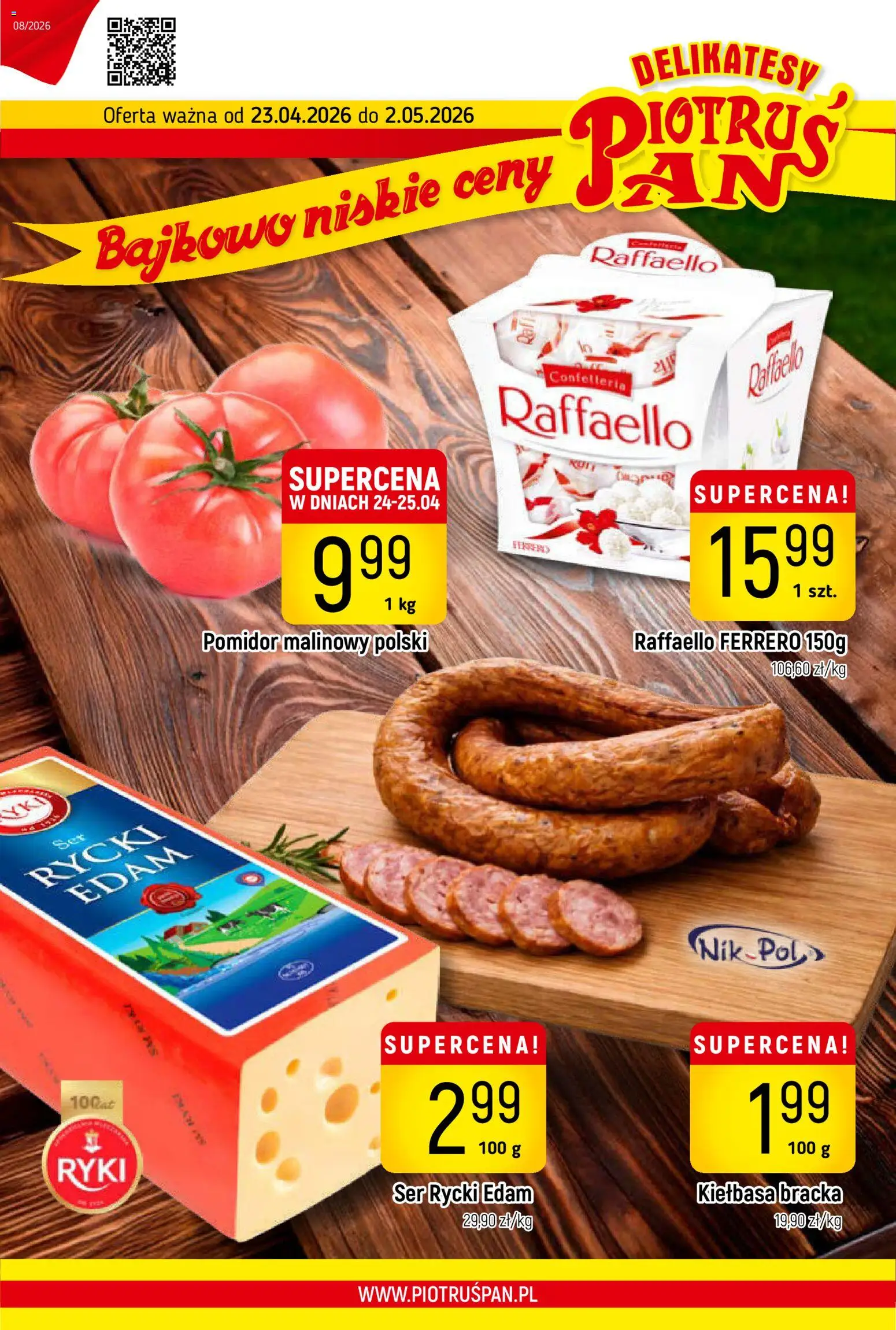 Piotruś Pan gazetka od 23.04.2026 | Strona: 1 | Produkty: Kiełbasa, Pomidor malinowy, Delikatesy, Ser