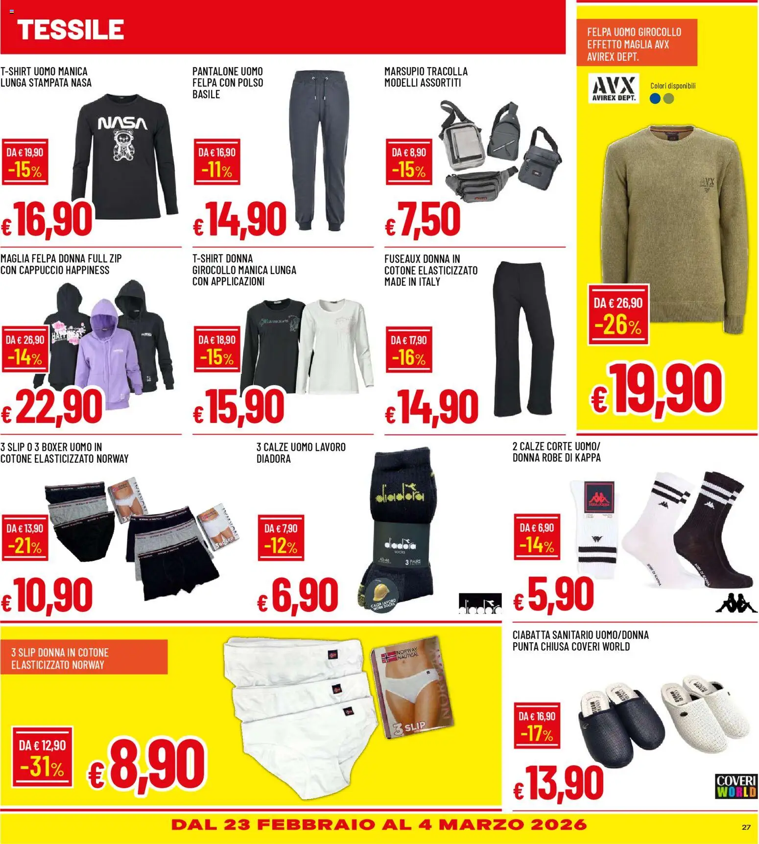 Volantino Galassia del 19.02.2026 | Pagina: 27 | Prodotti: Felpa, Slip, Boxer, Cappuccio