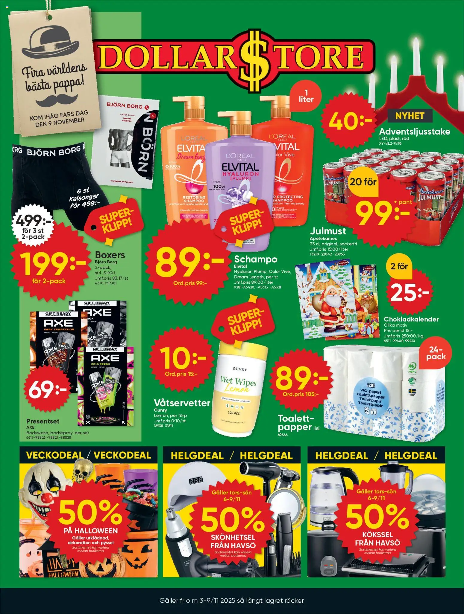 Dollar Store reklamblad aktuell från 03.11.2025 | Sida: 1 | Produkter: Galler, Toalett, Boxers, Filter