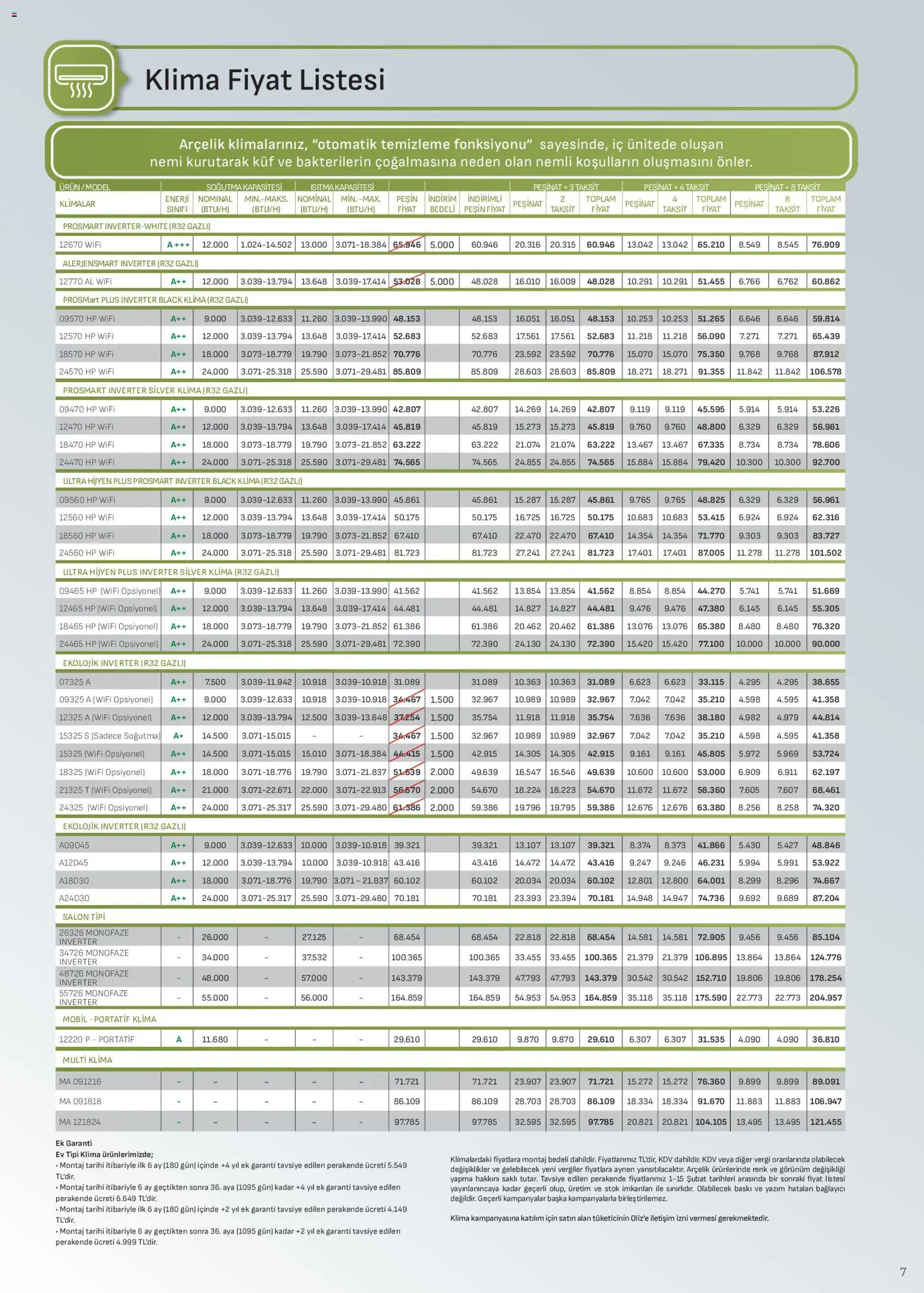 Arçelik İklimlendirme Kataloğu - 01.02.2026 tarihinden itibaren geçerlidir | Sayfa: 7 | Ürünler: Baskı, Bağlayıcı, Klima